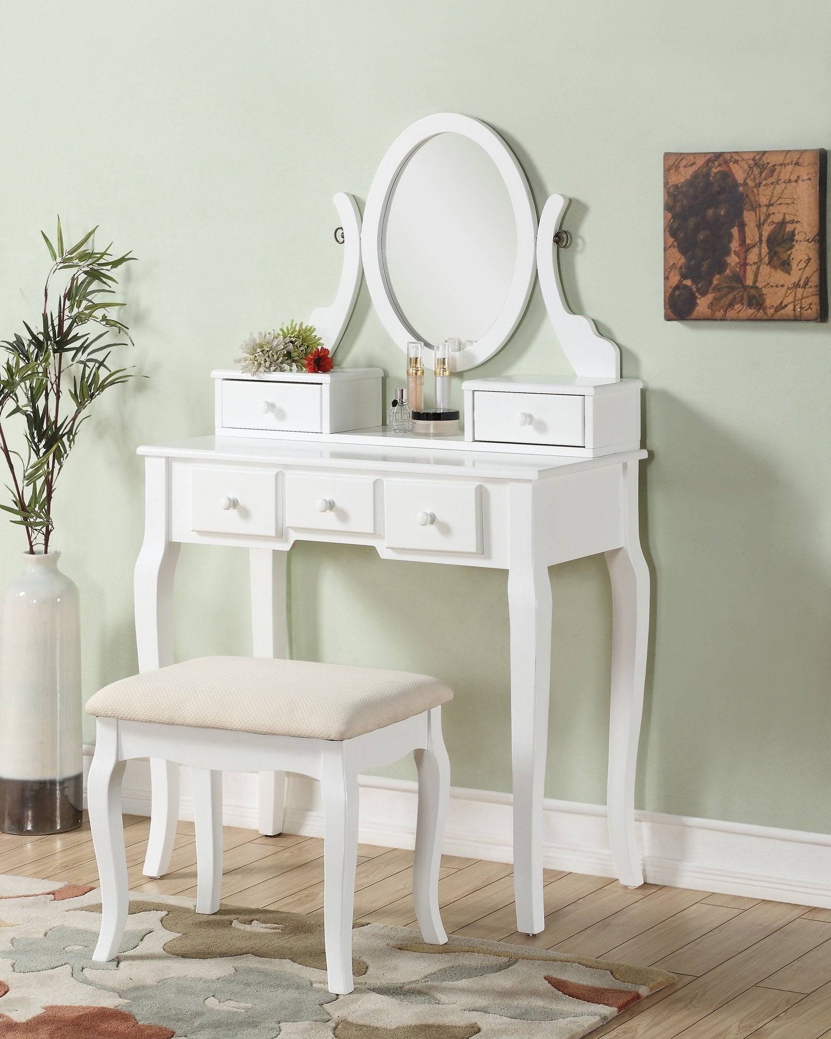 Ashley Wood Makeup Vanity Table and Stool Set - White Roundhill Furniture for Bedroom & Dressing Room | Elegant Dressing Table with Mirror & Seat for Women