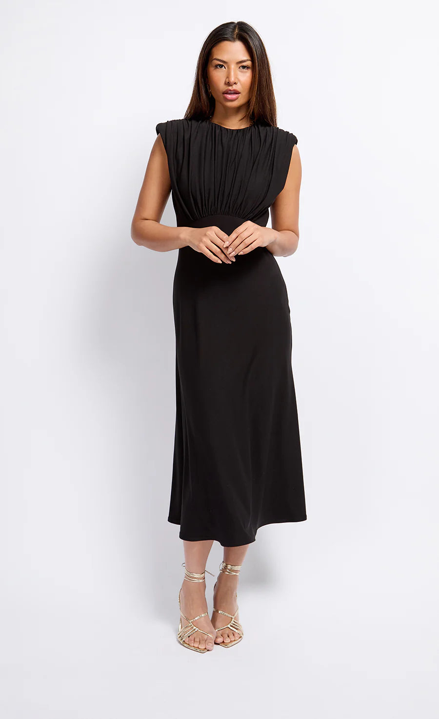 Maria Gathered Detail Dress for Women - Elegant Black Flowy Midi Dress with Ruffles | Perfect for Date Night, Wedding Guest, Cocktail Party & Special Occasions