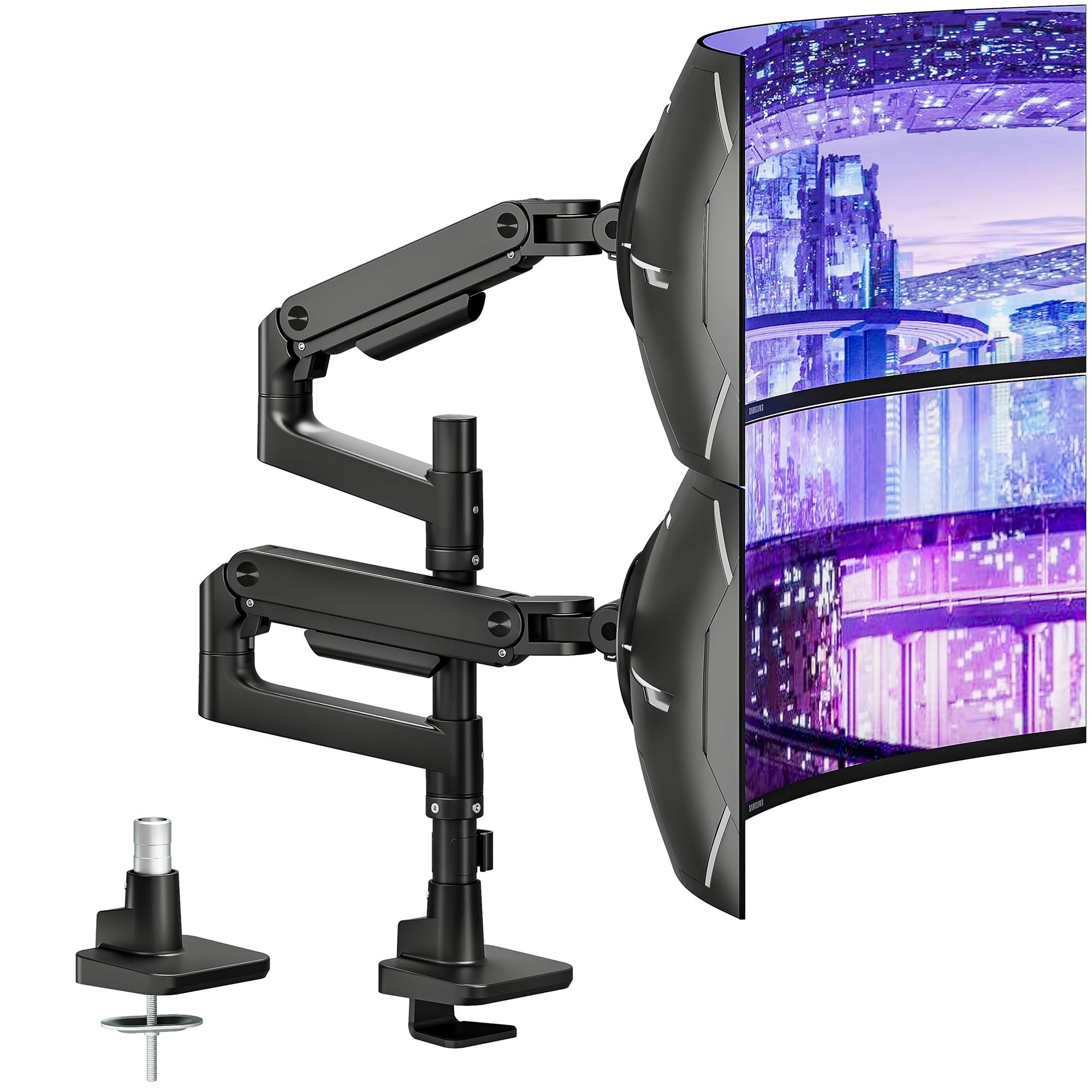 ARES WING Dual Monitor Arm Desk Mount - Heavy Duty Gas Spring Stand for 17 to 49 Inch Ultrawide Screens (Up to 44 lbs) - Vertical Stacking Full Motion VESA 75x75/100x100 Mount - Black - Perfect for Home Office, Gaming Setup & Workspace Ergonomics