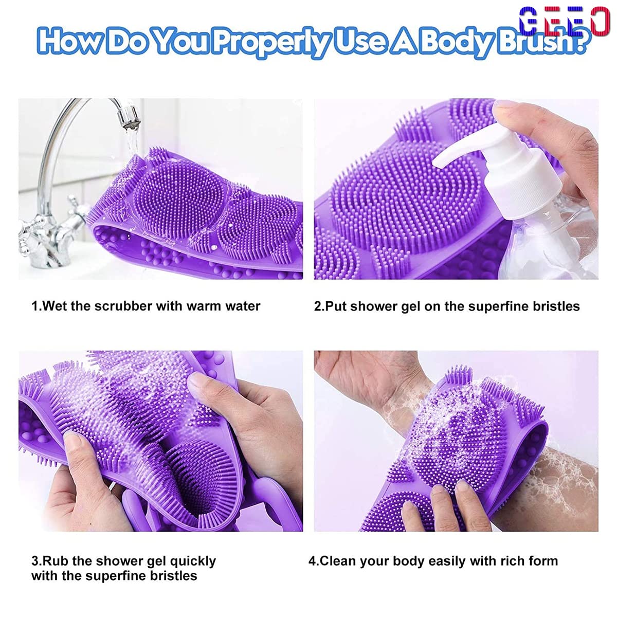 GEEO Silicone Body Scrubber Belt - Dual-Sided Exfoliating Shower Scrubber for Deep Cleansing, Replaces Bath Towel & Loofah - Perfect for Spa, Gym, and Home Shower Routine