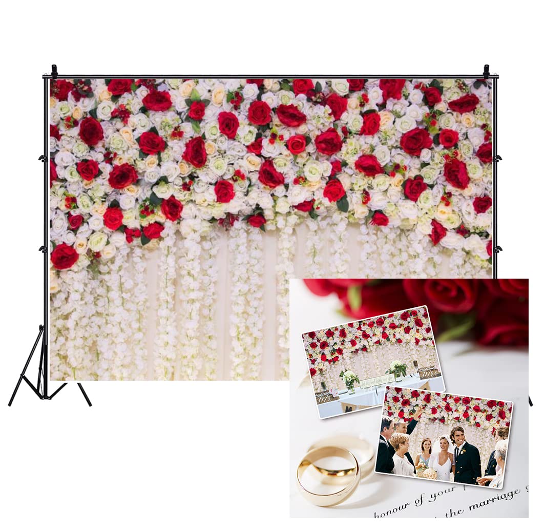 AOFOTO 10x7ft Red White Rose Floral Photography Backdrop - Wedding, Bridal Shower, Newborn Baby Girl Birthday Party, Portrait & Cake Table Decor - Perfect for Photo Booth, Studio Props & Themed Events