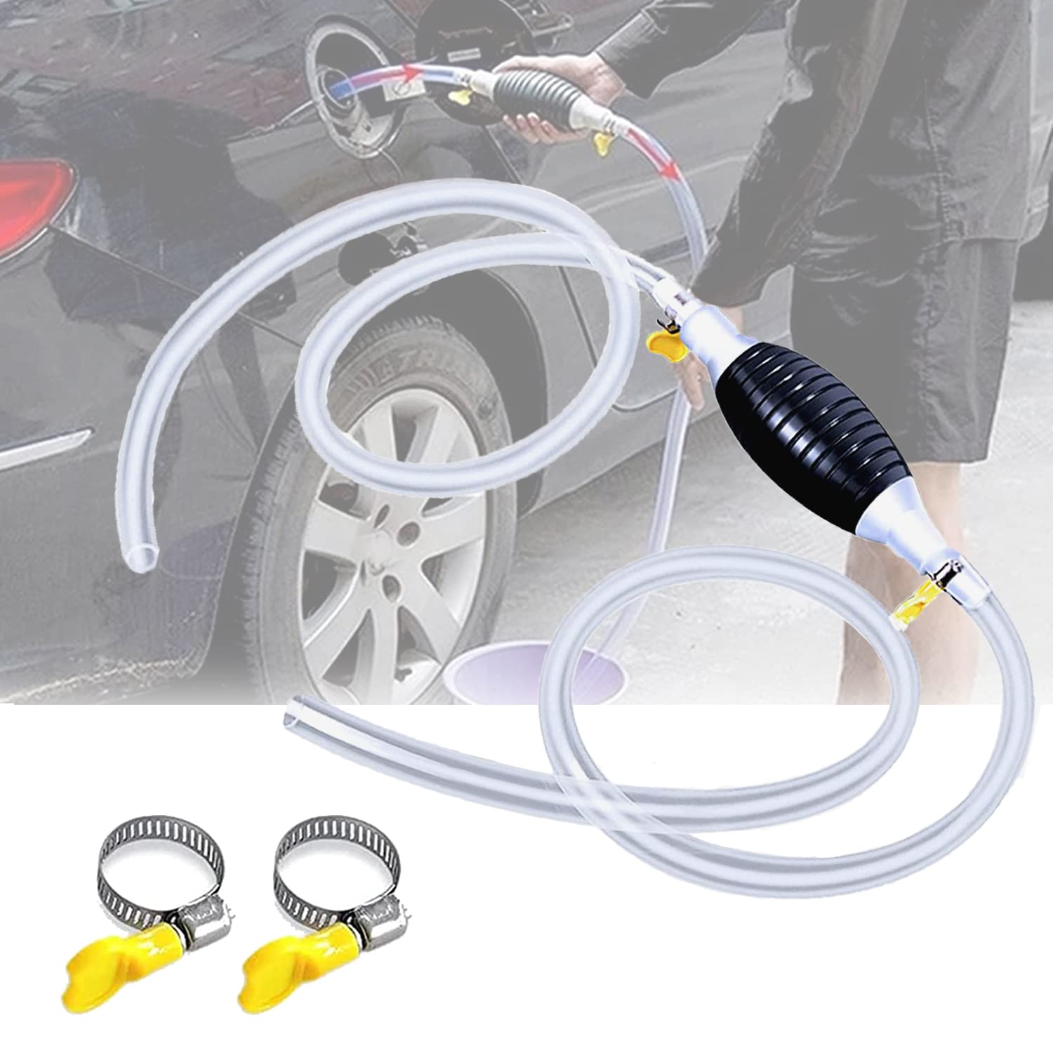 Manual Liquid Transfer Pump - 2M Siphon Hose for Gasoline, Diesel, Water & Oil - Portable Multi-Purpose Fuel Tank Sucker for Cars, Boats, Lawn Mowers & Emergency Use