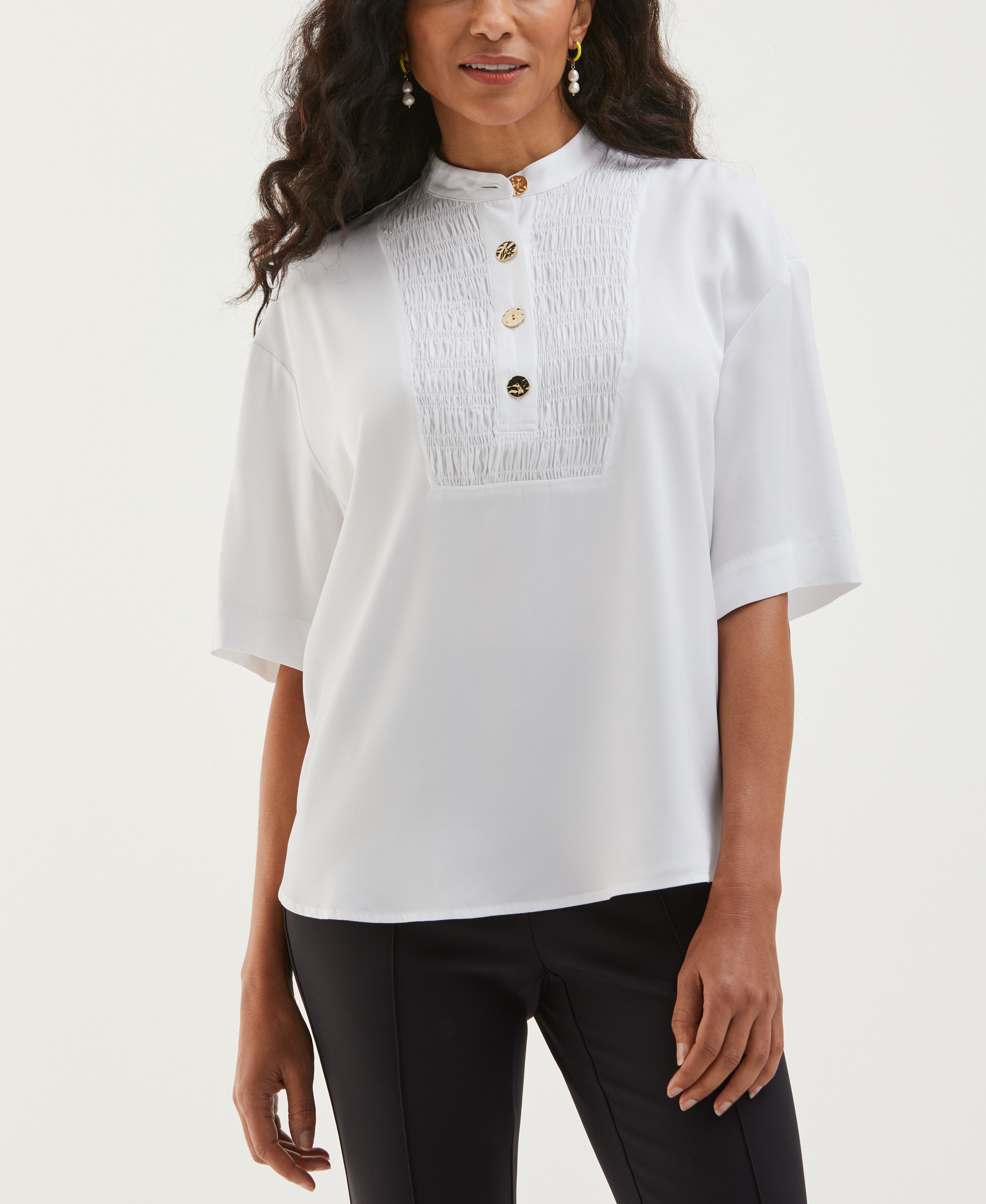 Stylish Smocked Banded Collar Top for Women | Flattering Blouse with Elastic Neckline | Perfect for Casual Outings, Date Nights & Office Wear