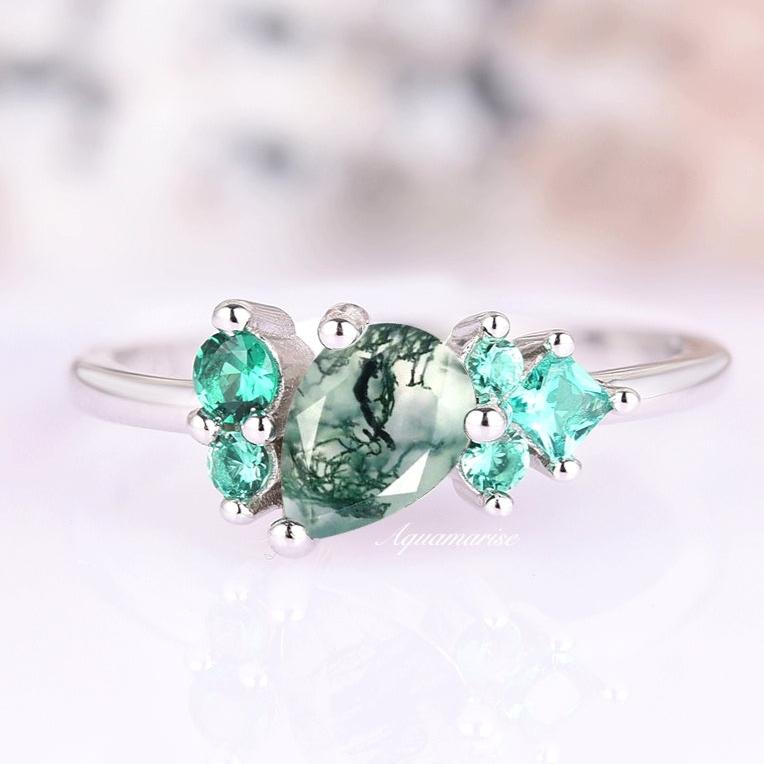 14K White Gold Green Moss Agate and Emerald Cluster Ring - Elegant Statement Jewelry for Weddings, Parties & Special Occasions