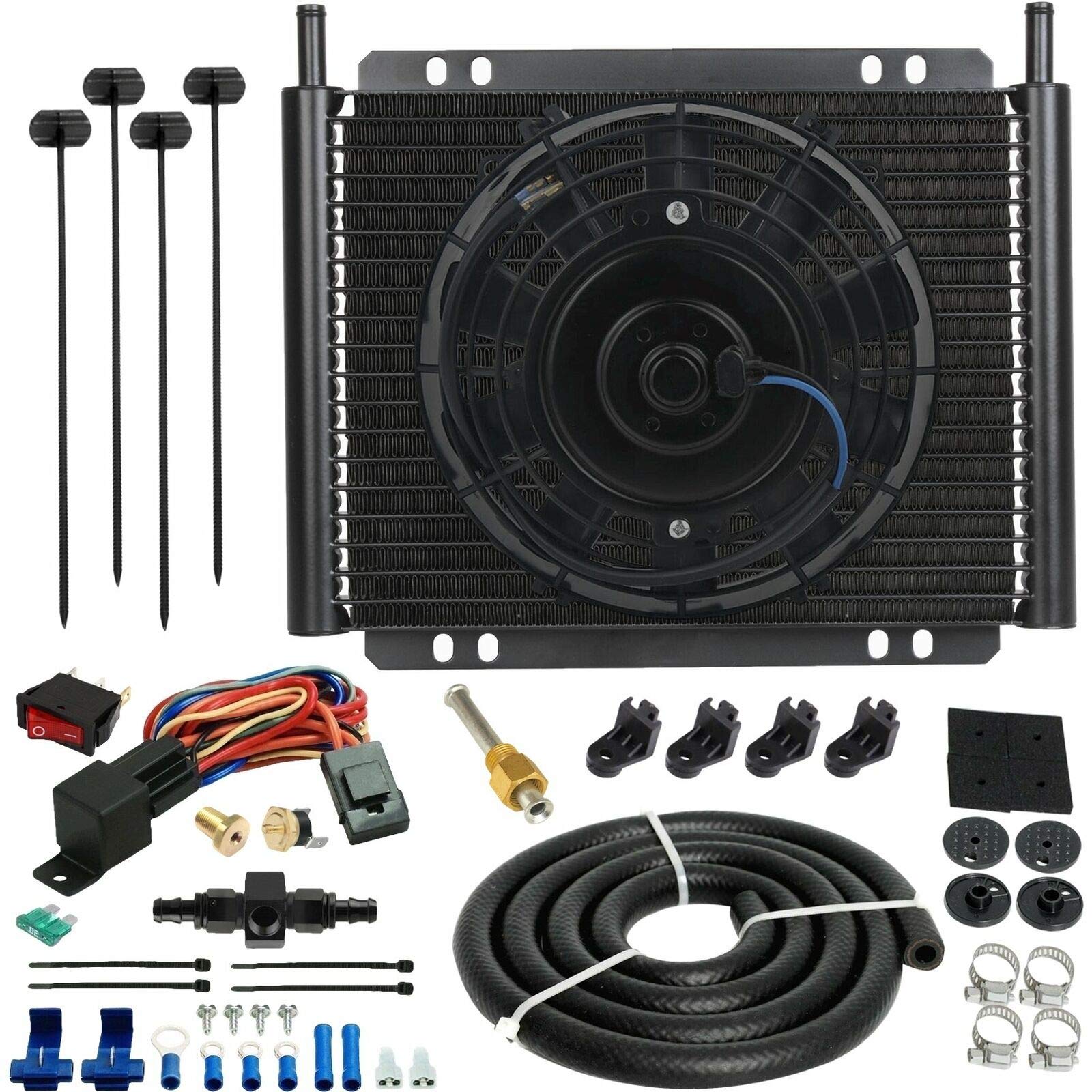 High Performance Aluminum 23 Row Engine Oil Cooler with 12V Electric Fan & 6AN In-Line Thermostat (180°F) - Perfect for Light Duty Trucks, Trailers & Towing Applications    Use Cases: Ideal for improving engine cooling, transmission temperature control, and towing performance in trucks, SUVs, and trailers.