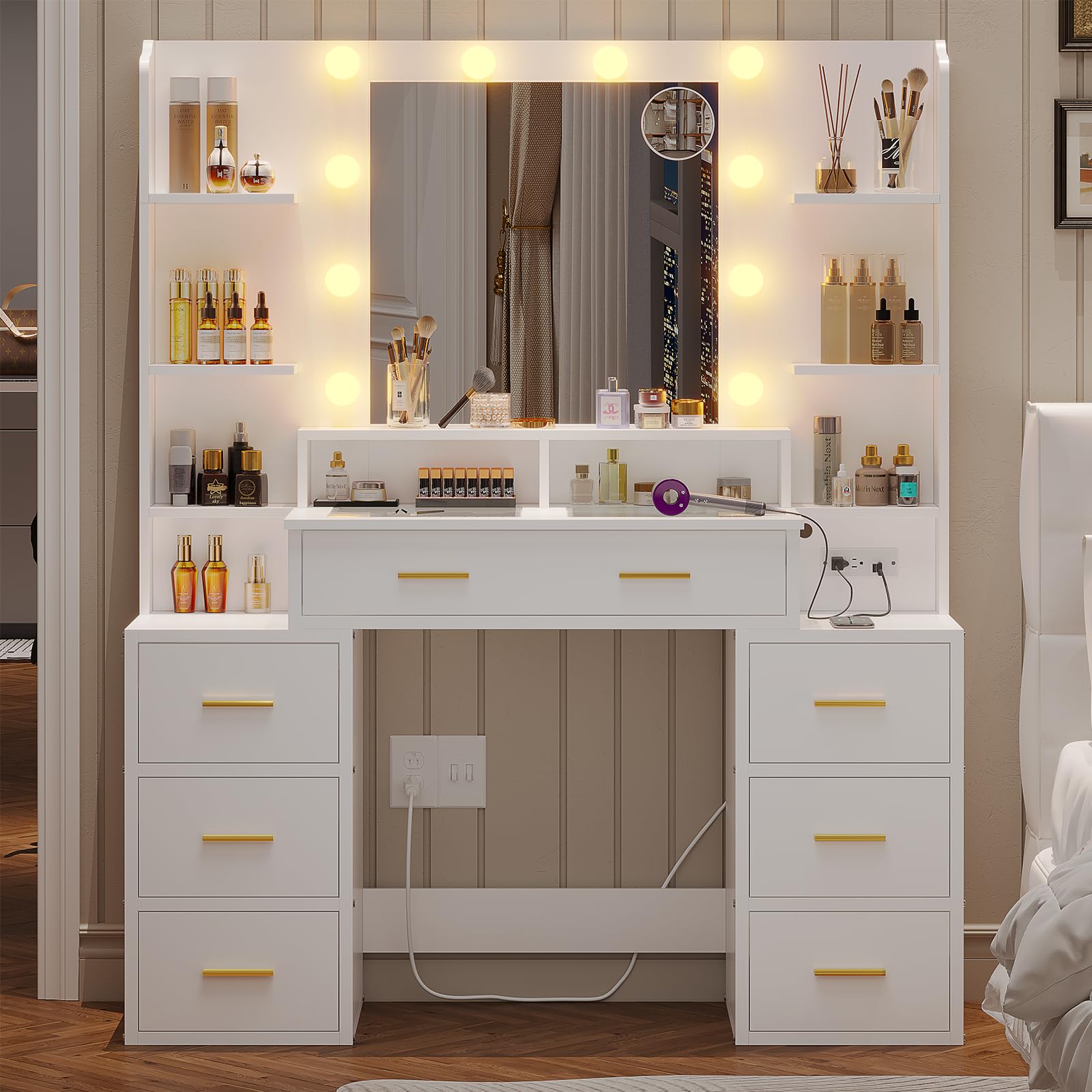 White Glass Top Vanity Desk with LED Lights & Charging Station - 10x Magnifying Mirror, 8 Drawers, Acrylic Organizers - Perfect Makeup Vanity for Bedroom, Dressing Room & Beauty Salon
