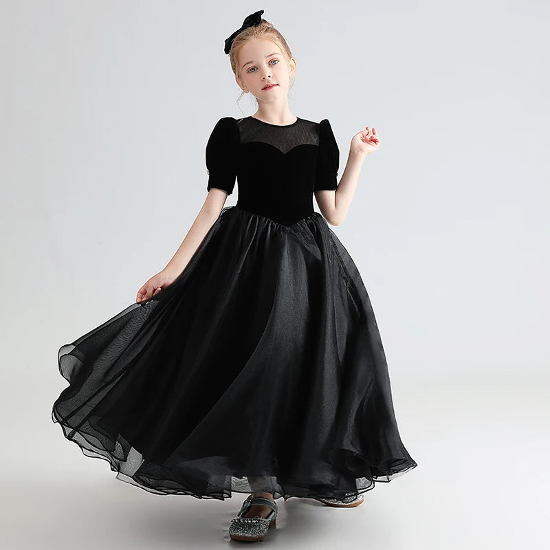 Black Puff Sleeve Girls Corduroy Tulle Party Dress - Elegant Holiday Outfit for Birthday, Christmas & Special Occasions