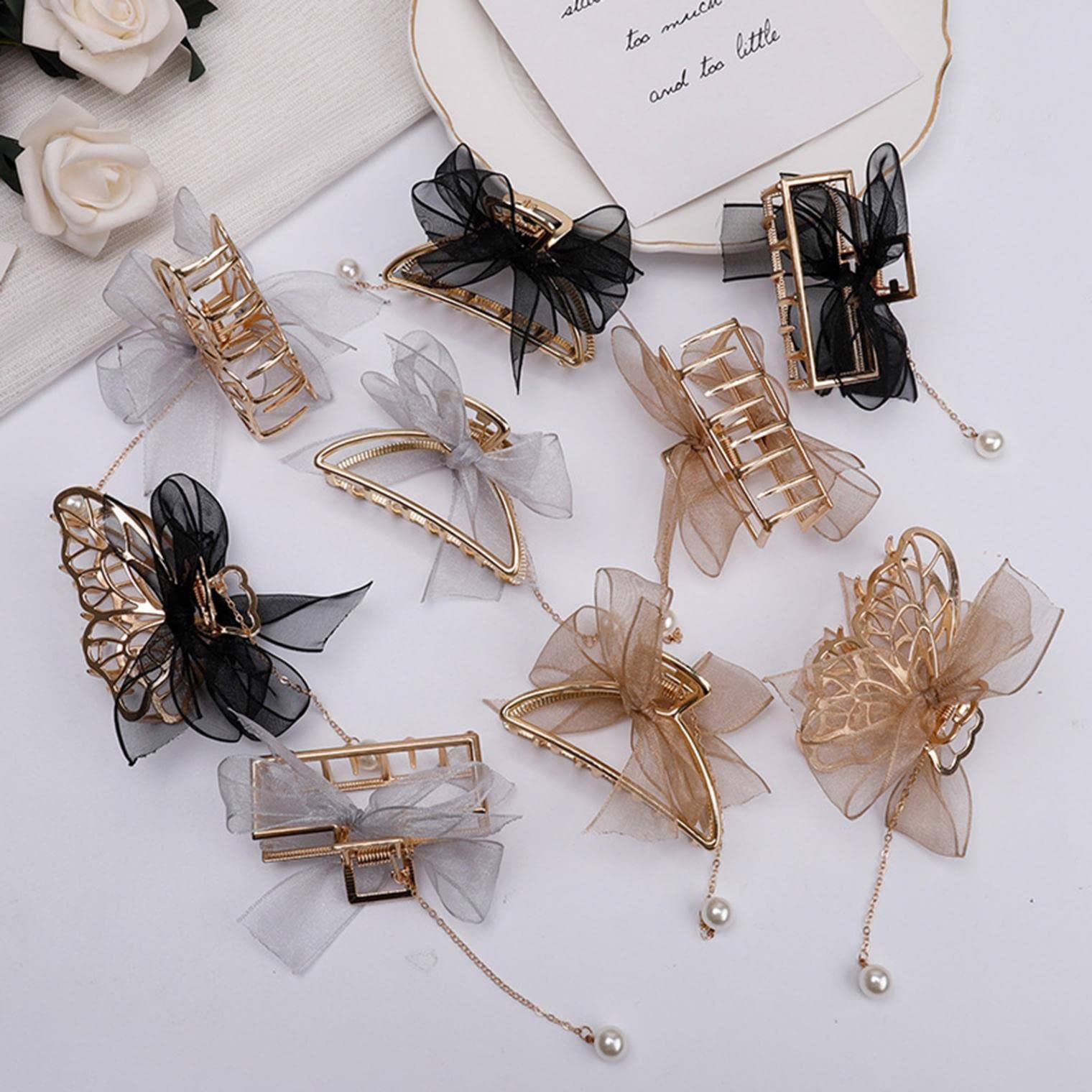 Elegant Butterfly Hair Clips for Women - Large Metal Claw Clips with Lace Pearl Tassel, Strong Hold Hair Accessories for Thick & Thin Hair - Perfect for Weddings, Parties & Daily Styling