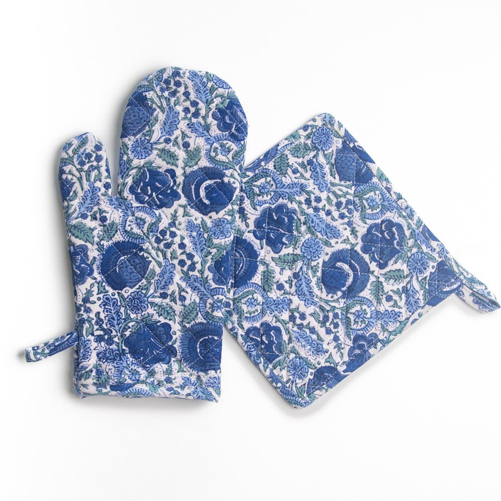 Bohemian Floral Oven Mitt Set - Heat Resistant Kitchen Gloves in Azure Blue & Aqua for Baking, Cooking & Grilling - Perfect for Home Chefs & Gift Giving