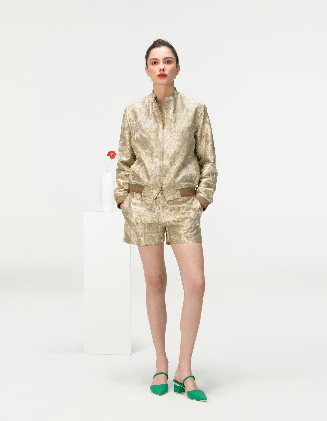 Silk Brocade Shorts for Women - Oyster Grey - Elegant Lounge & Sleepwear for Comfortable Nights