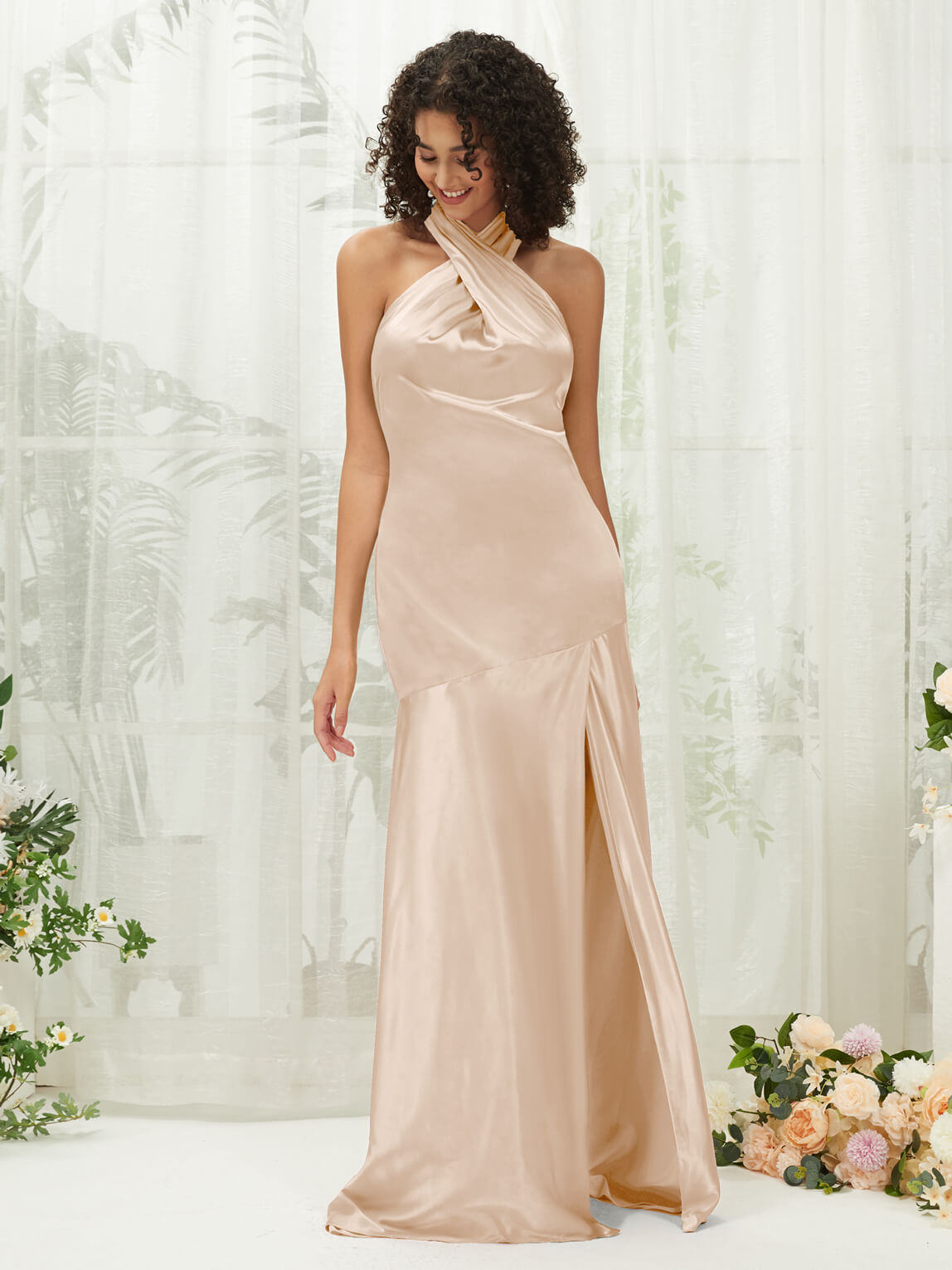 Elegant Champagne Satin Halter Neck Sleeveless Maxi Bridesmaid Dress with High Slit - Perfect for Weddings, Formal Events & Evening Parties
