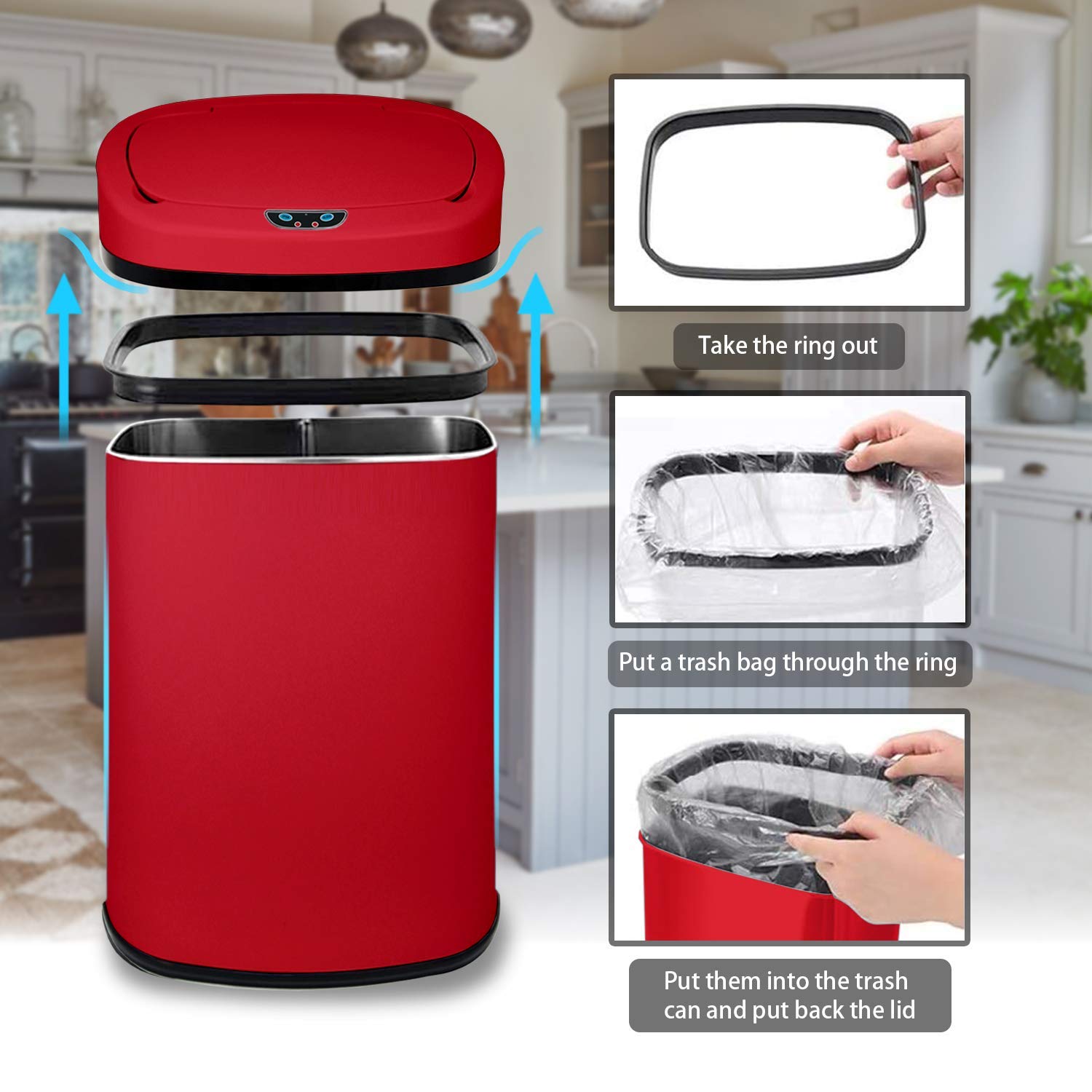 HGS 13 Gallon Automatic Touchless Sensor Trash Can - Stainless Steel Kitchen Garbage Bin with Lid for Home, Office, Living Room & Bedroom (Red) | Hands-Free Waste Disposal for Hygiene & Convenience