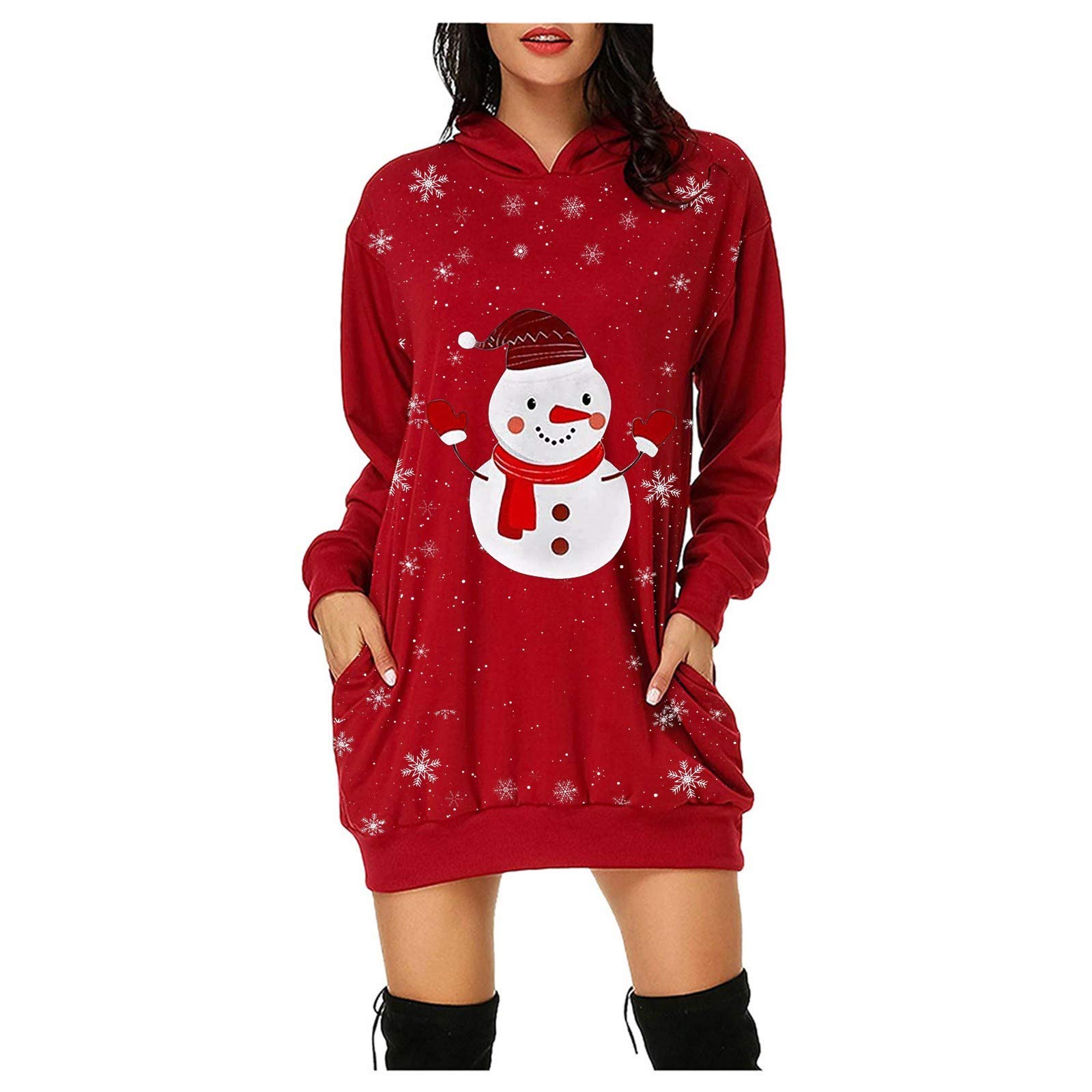 Women's Christmas Print Hoodie Dress with Pocket - Stylish Hip Fashion Blouse for Casual Wear & Holiday Outfits