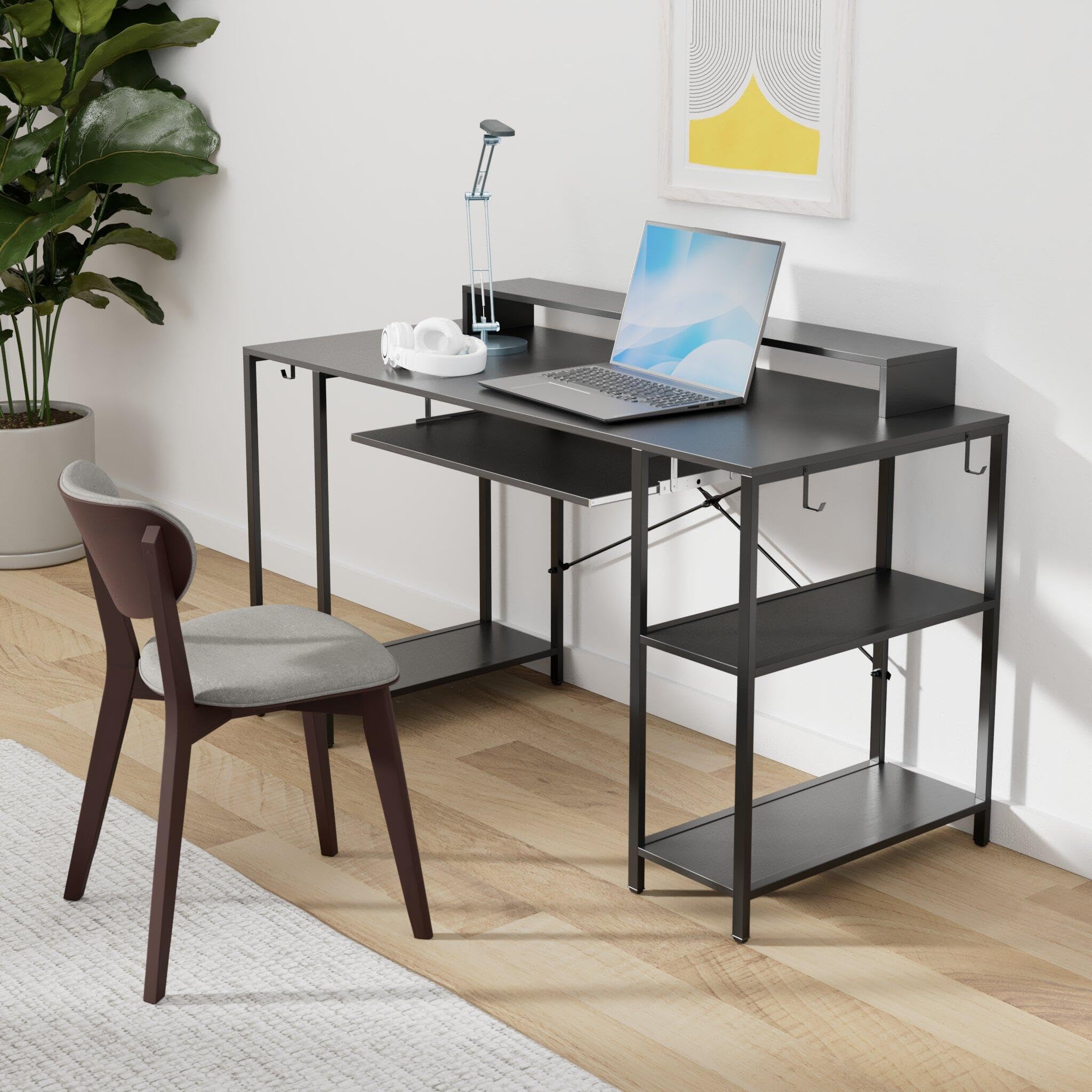 55 Inch Industrial Workstation Desk with Keyboard Tray & Storage Shelves - Heavy Duty Computer Desk with Monitor Stand & 4 Iron Hooks - Perfect for Home Office, Gaming Setup & Workspace Organization