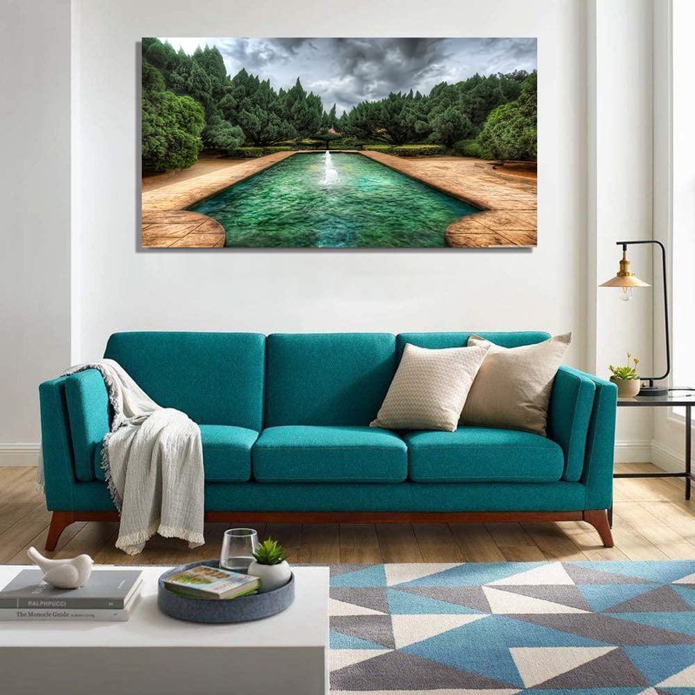 Garden Pool Canvas Art - Framed Landscape Painting Wall Decor for Home, Office, Bedroom - Ready to Hang - Perfect for Living Room, Dining Area & Spa Relaxation