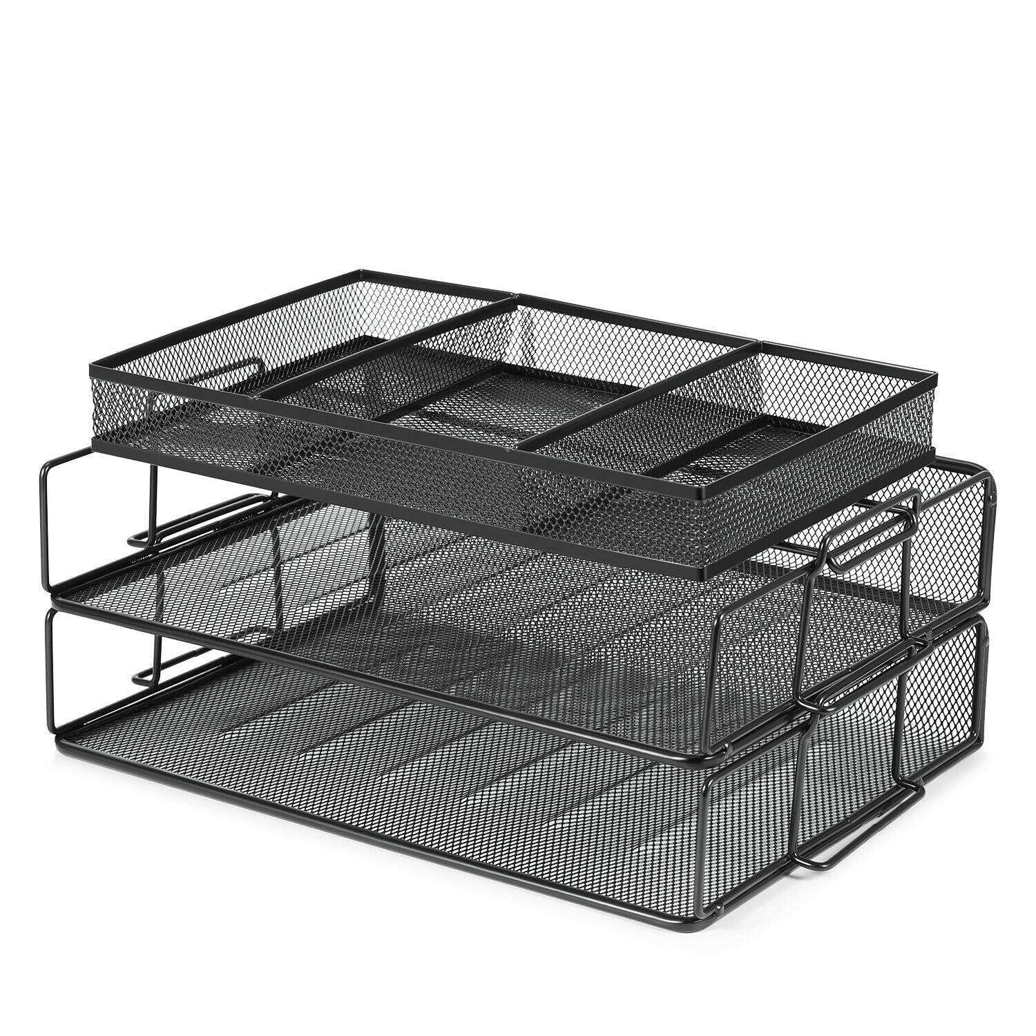JHUS 2-Tier Stackable Mesh Metal Desk Organizer - Black Letter File Document Paper Tray for Office & Home | Perfect for Mail Sorting, Office Organization & Paper Storage