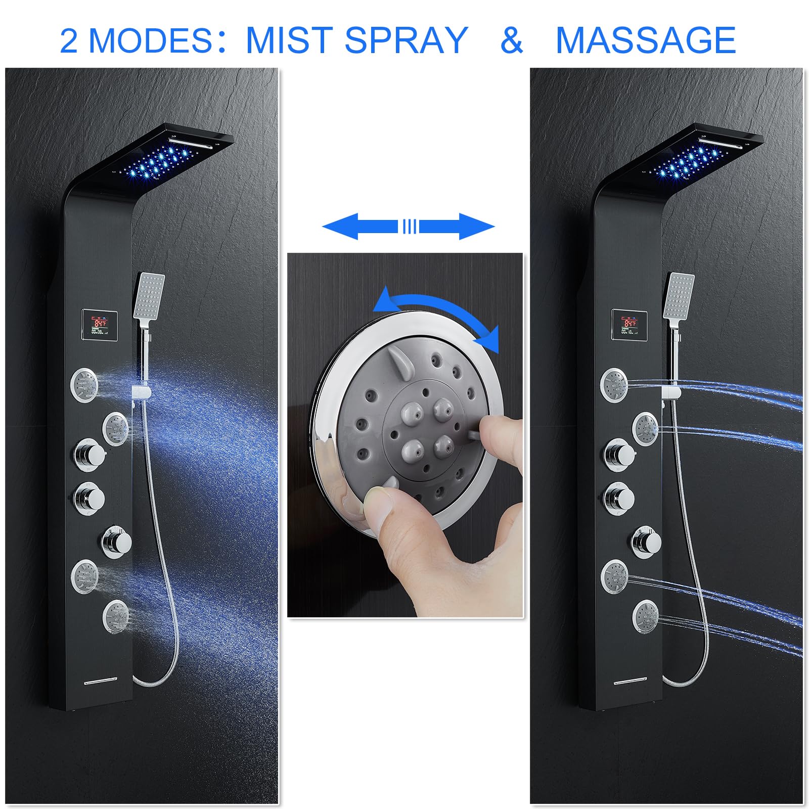 5-in-1 MENATT Shower Tower System with Hydroelectric LED Lights & Digital Display - Rainfall Shower Head, Waterfall Shower, Massage Jets, Tub Spout & Handheld Shower (Black) - Perfect for Modern Bathroom Renovation & Spa-Like Shower Experience