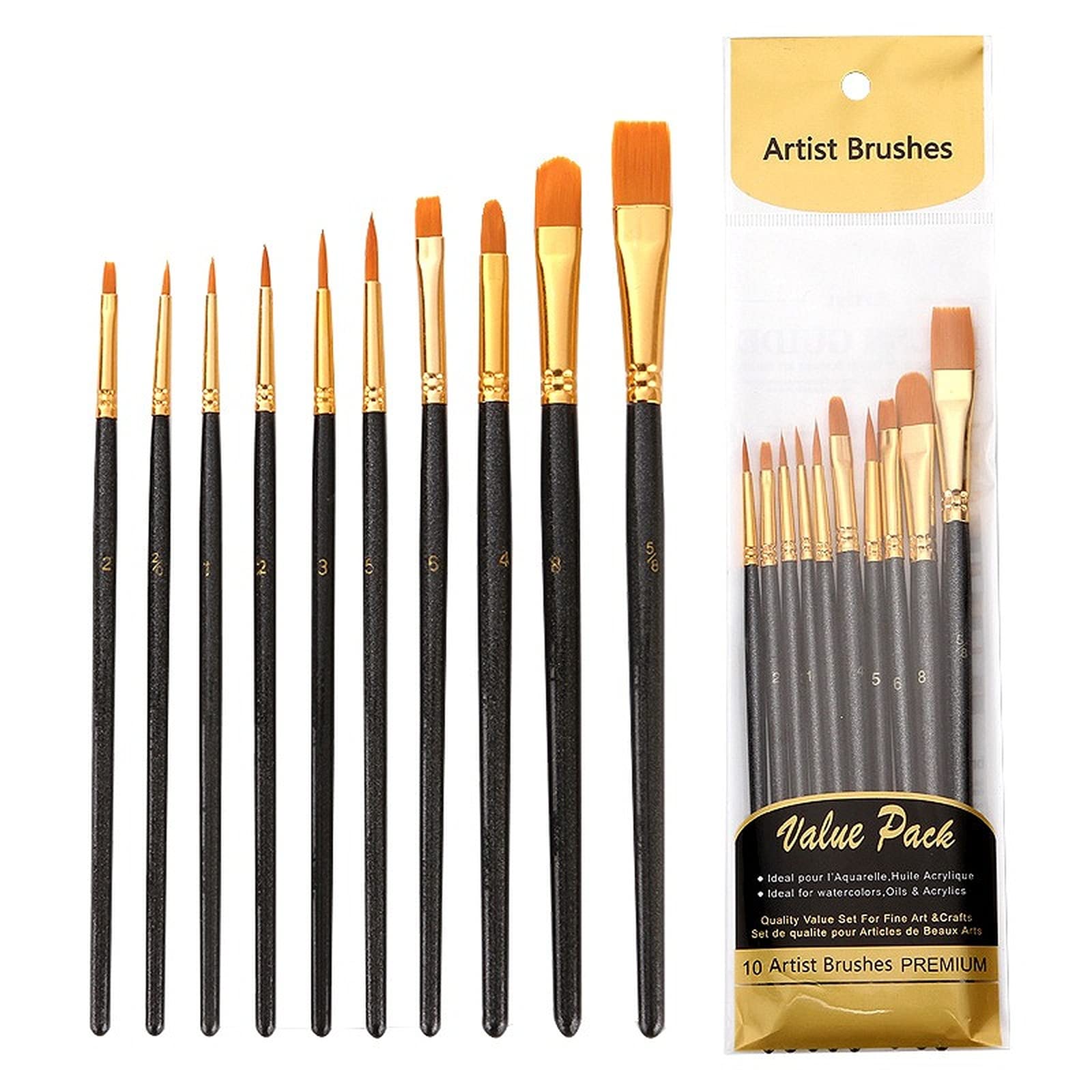 10-Piece Acrylic Paint Brush Set - Round Pointed Tip Nylon Hair Brushes for Oil, Watercolor, Face & Nail Art - Perfect for Miniature Detailing, Rock Painting & Canvas Art - Ideal for Artists, Adults & Kids (Black)