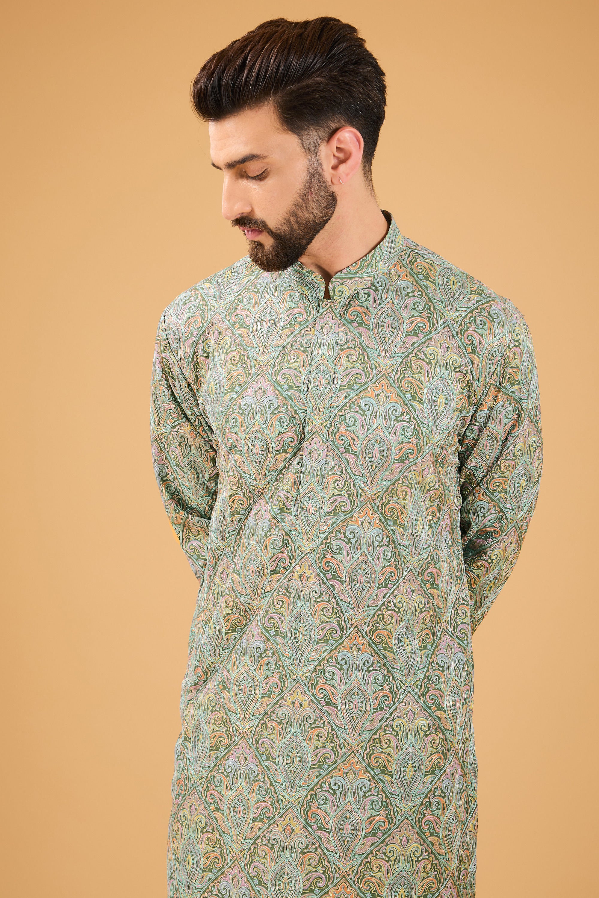 Stylish Military Green Kashmiri Embroidered Chickankari Kurta for Women | Traditional Indian Handcrafted Cotton Tunic | Perfect for Festivals, Weddings & Casual Wear