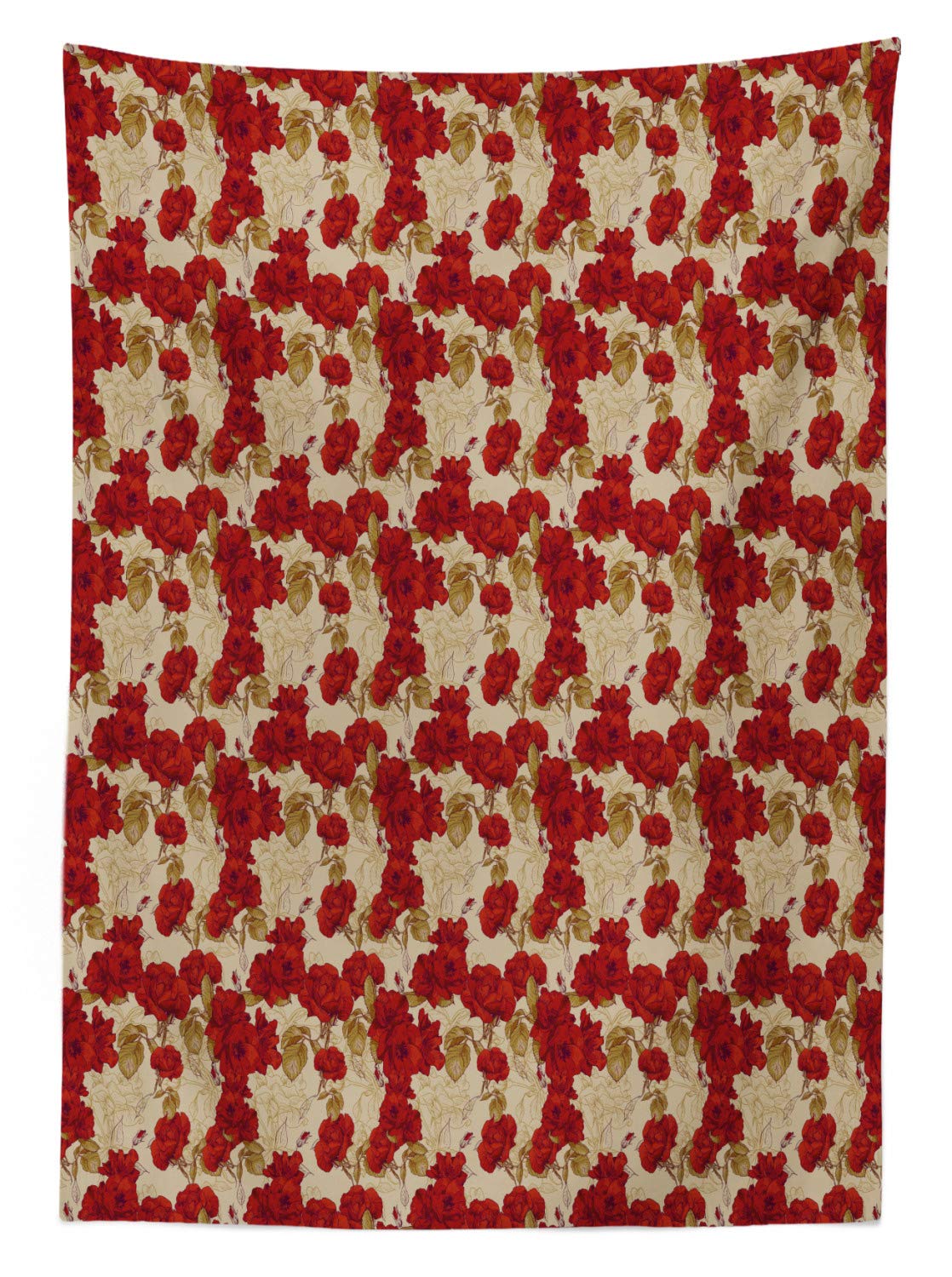 Ambesonne Vintage Outdoor Tablecloth - Romantic Red Rose Blooms with Sketches, Classic Valentine's Day Inspired Washable Picnic Table Cover, 58x84 Inches, Red Khaki Sand Brown - Perfect for Garden Parties, Picnics & Romantic Dinners