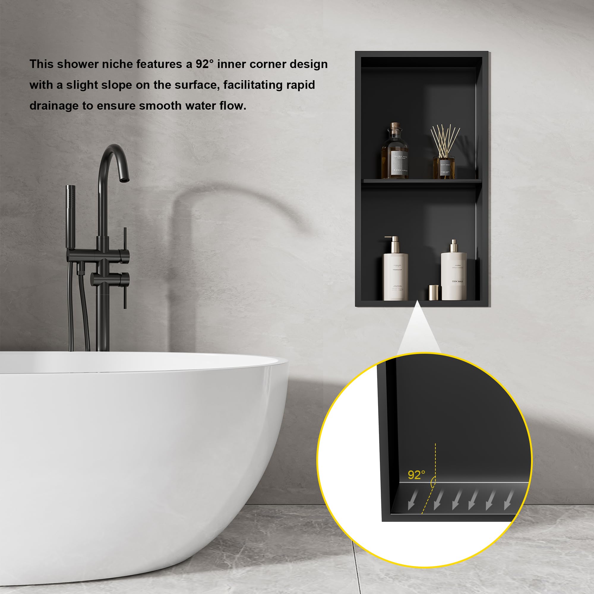 SUPERFLO 36x12 Inch Matte Black Stainless Steel Shower Niche - No Tile Needed Over Mount Wall Shelf with Partitions for Bathroom & Bedroom Storage | Waterproof Shower Organizer for Shampoo, Soap & Bath Essentials
