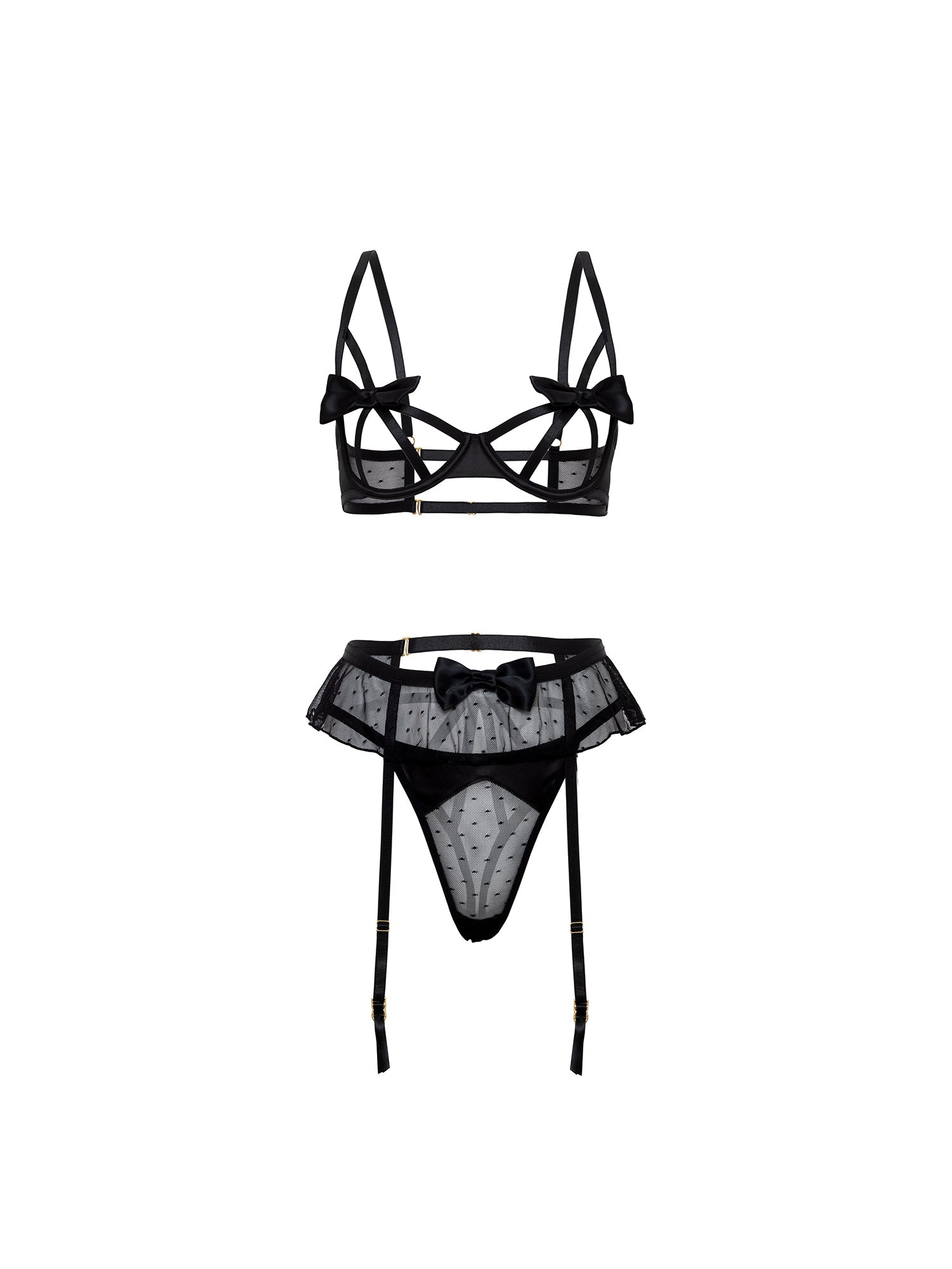 Kimia Bow 3 Piece Bra Set - Lace Bralette, Panty & Garter Belt Set for Women | Comfortable & Sexy Lingerie for Valentine's Day, Wedding Night & Special Occasions