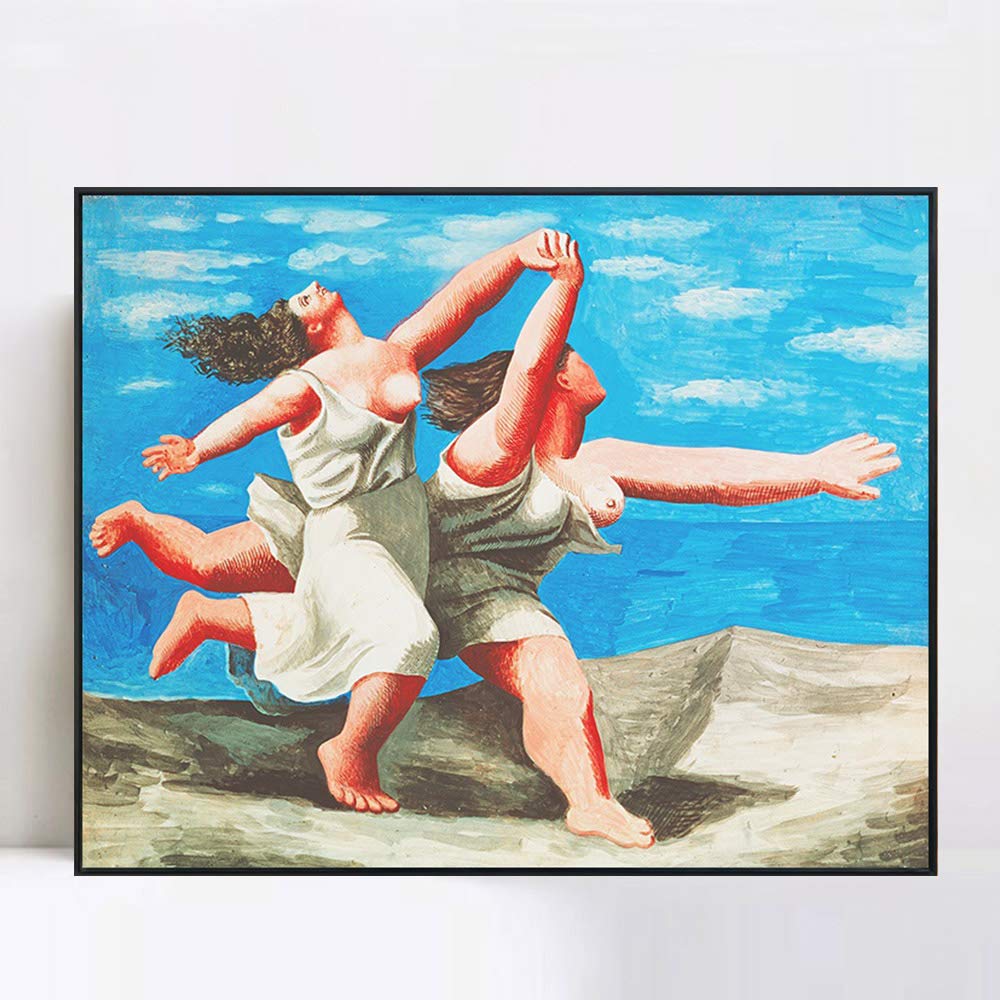 Pablo Picasso 'The Race' 1922 Framed Canvas Giclee Print - Two Women Running on Beach Wall Art - 24x32 Inch Black Frame with Mat - Perfect for Living Room, Home Office & Bedroom Decor
