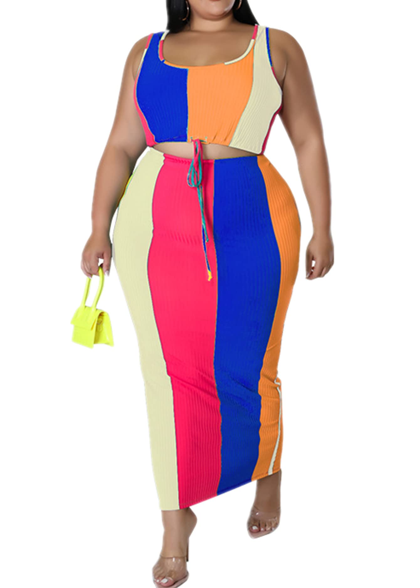 Tie Dye Plus Size Women's 2-Piece Outfit Set - Sexy Midi Skirt & Long Sleeve Top Matching Set | Boho Chic Summer Dress for Beach, Music Festivals & Casual Wear