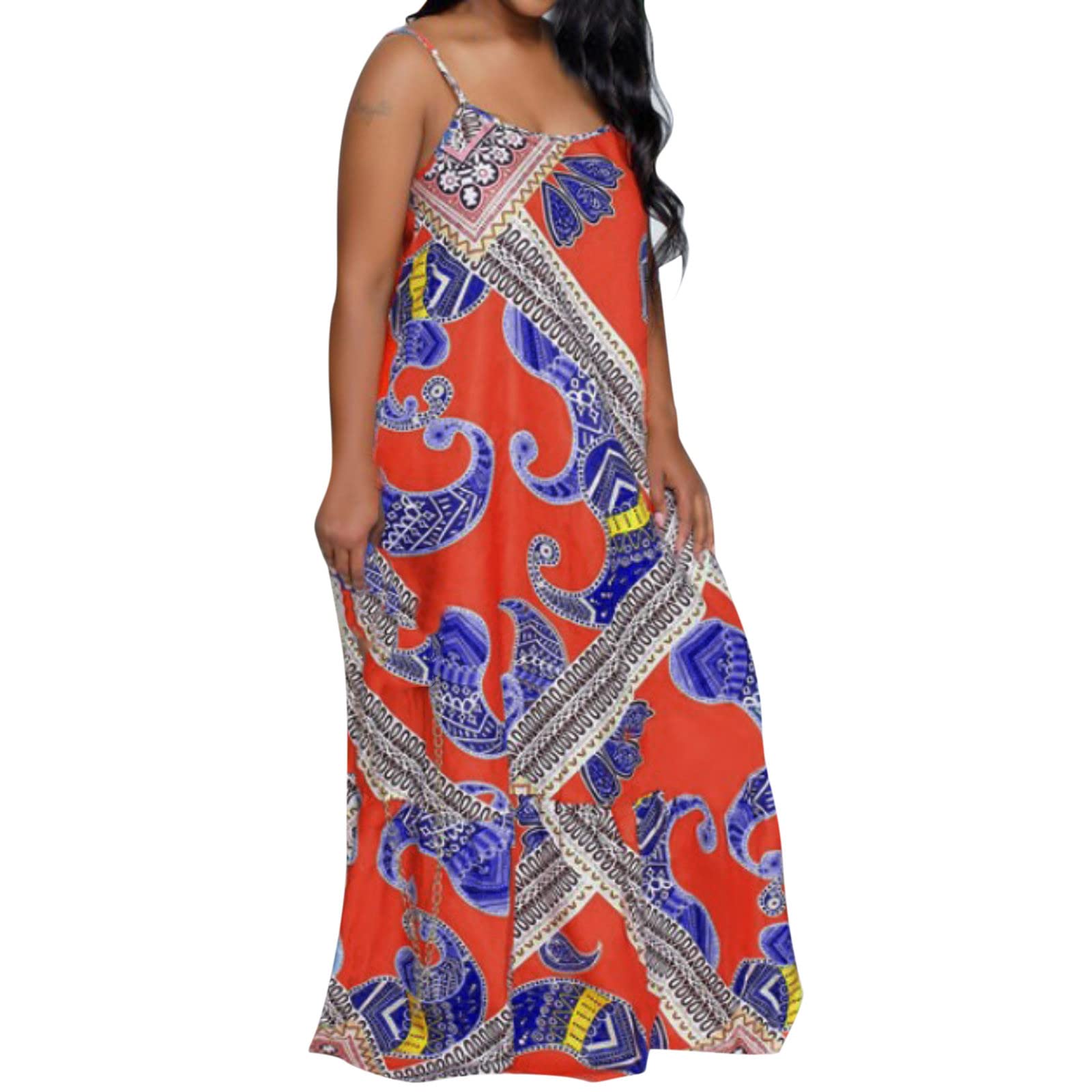 Women's Summer Casual Loose Bohemian Floral Dress with Pockets - Spaghetti Strap Plus Size Maxi Dress for Beach, Vacation & Outdoor Parties