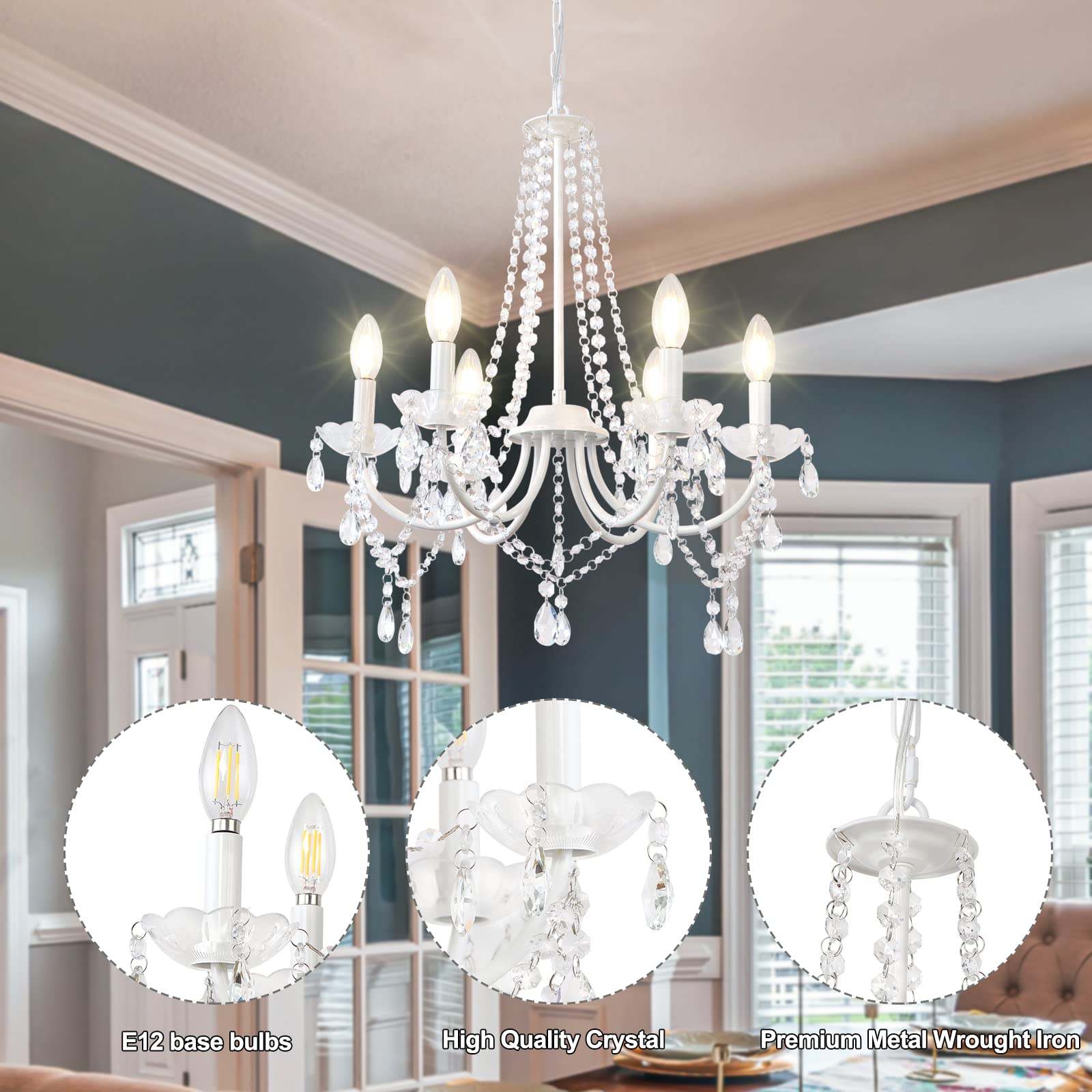 LynPon 6-Light White Crystal Chandelier - Modern Elegant Candle Ceiling Light Fixture for Bedroom, Dining Room, Living Room, Entryway & Foyer | Perfect for Home Decor, Wedding Decorations & Luxury Interior Lighting