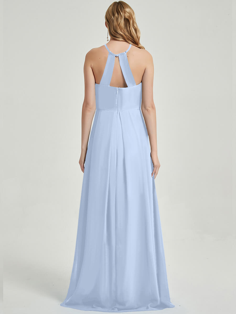 Elegant Cornflower Blue Halter Neck Empire Waist Pleated Backless Chiffon Bridesmaid Dress - Perfect for Weddings, Formal Events & Special Occasions