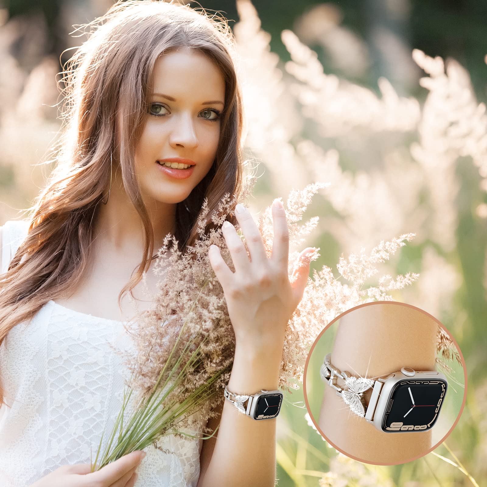 Elegant Bling Diamond Butterfly Apple Watch Band for Women - Compatible with Series 10/9/8/7/6/5/4/3/2/1/SE (49mm 46mm 45mm 44mm 42mm) - Adjustable Jewelry Metal Strap for Dressy Occasions, Parties & Daily Wear