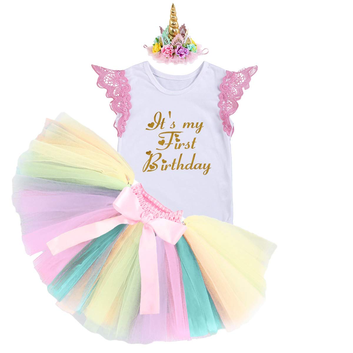 HIHCBF Baby Girls Princess First Birthday Cake Smash Outfit - Unicorn Romper with Rainbow Tutu Skirt & Headband (Shoes Not Included) - Perfect for 1st Birthday Photos, Cake Smash Sessions & Princess-Themed Parties
