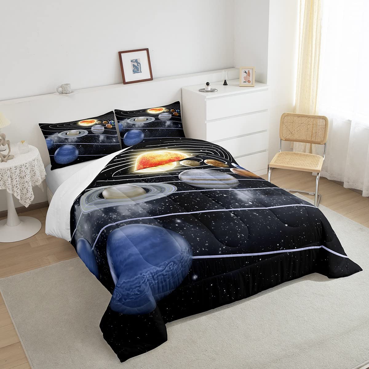 Erosebridal Galaxy Print Queen Size Down Comforter Set - Space Theme Quilted Duvet with 2 Pillowcases for Adults & Teens | Solar System Bedding for Cozy Nights & Starry Sky Decor