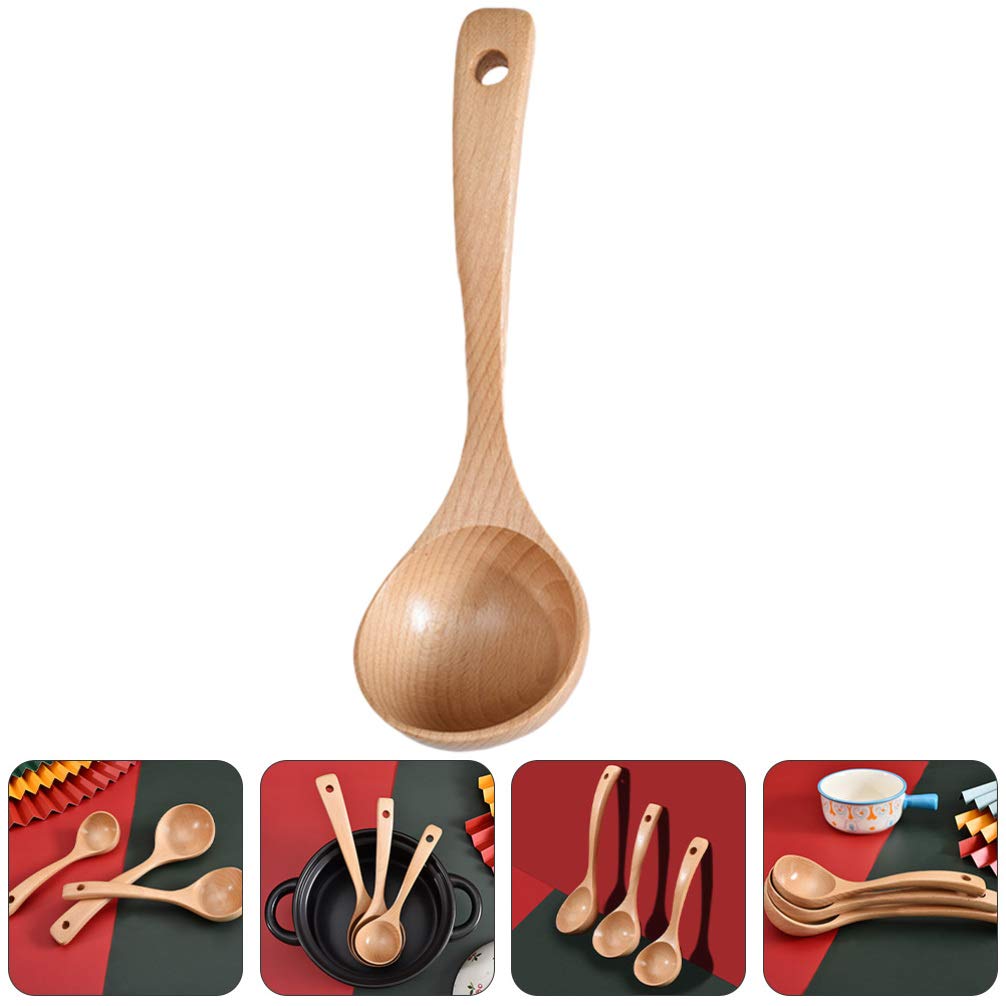 Premium Beech Wood Hot Pot Spoon - Durable Wooden Soup & Porridge Ladle for Cooking, Serving & Eating - Perfect for Hot Pot, Stews, Soups & Home Kitchen Use