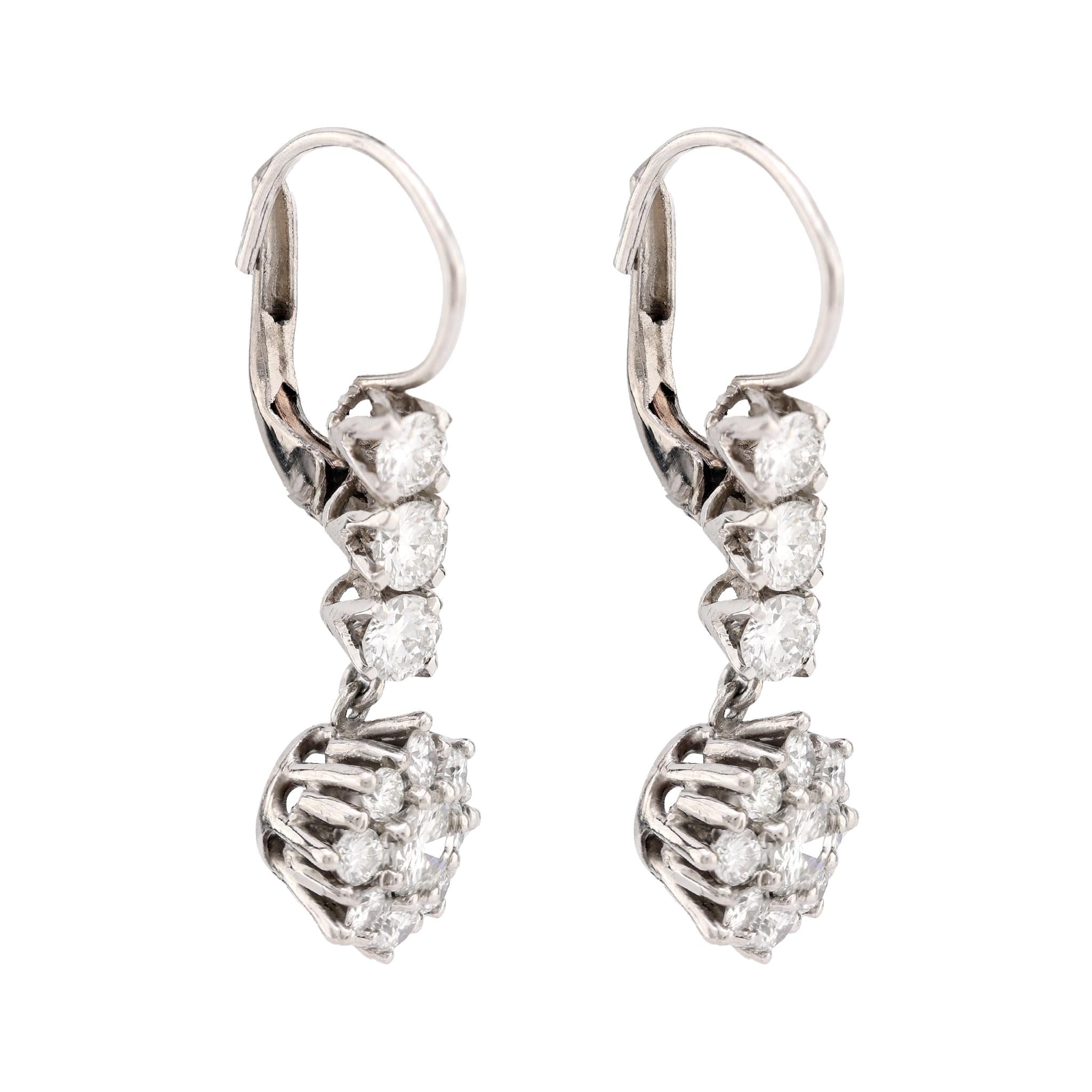 Vintage Mid Century 2 Carat Diamond Platinum Floral Drop Earrings for Women - Elegant Wedding, Anniversary & Evening Party Jewelry Gift