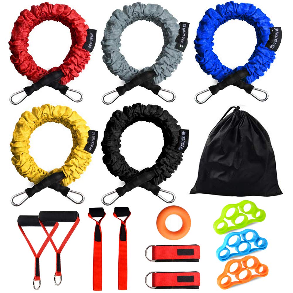 Premium 15-Piece Resistance Bands Set with Door Anchor & Ankle Strap - 20lbs to 40lbs Heavy Duty Exercise Tubes with Anti-Snap Nylon Sleeves for Home Gym, Strength Training & Physical Therapy
