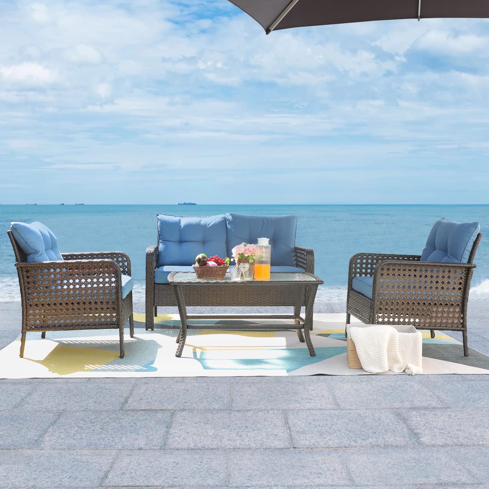 4-Piece Outdoor Wicker Patio Conversation Set with Loveseat, Coffee Table & Chairs - Navy Blue Rattan Furniture for Lawn, Deck, Balcony, Backyard - Perfect for Relaxing, Entertaining & Outdoor Gatherings