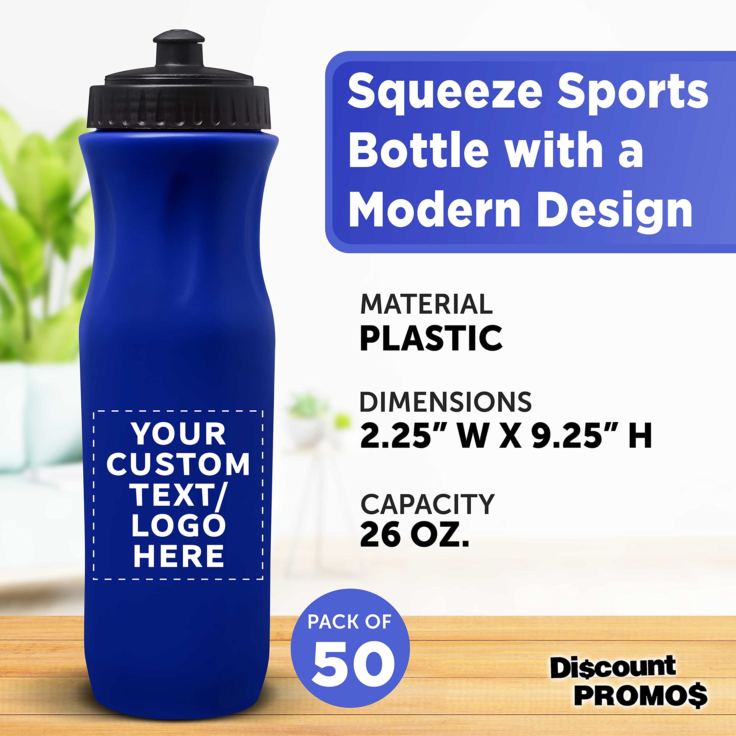 50 Pack 26 oz Customizable Plastic Water Bottles with Black Push Top Lid - Bulk Reusable Water Bottles for Sports, Gym, School & Office - Blue
