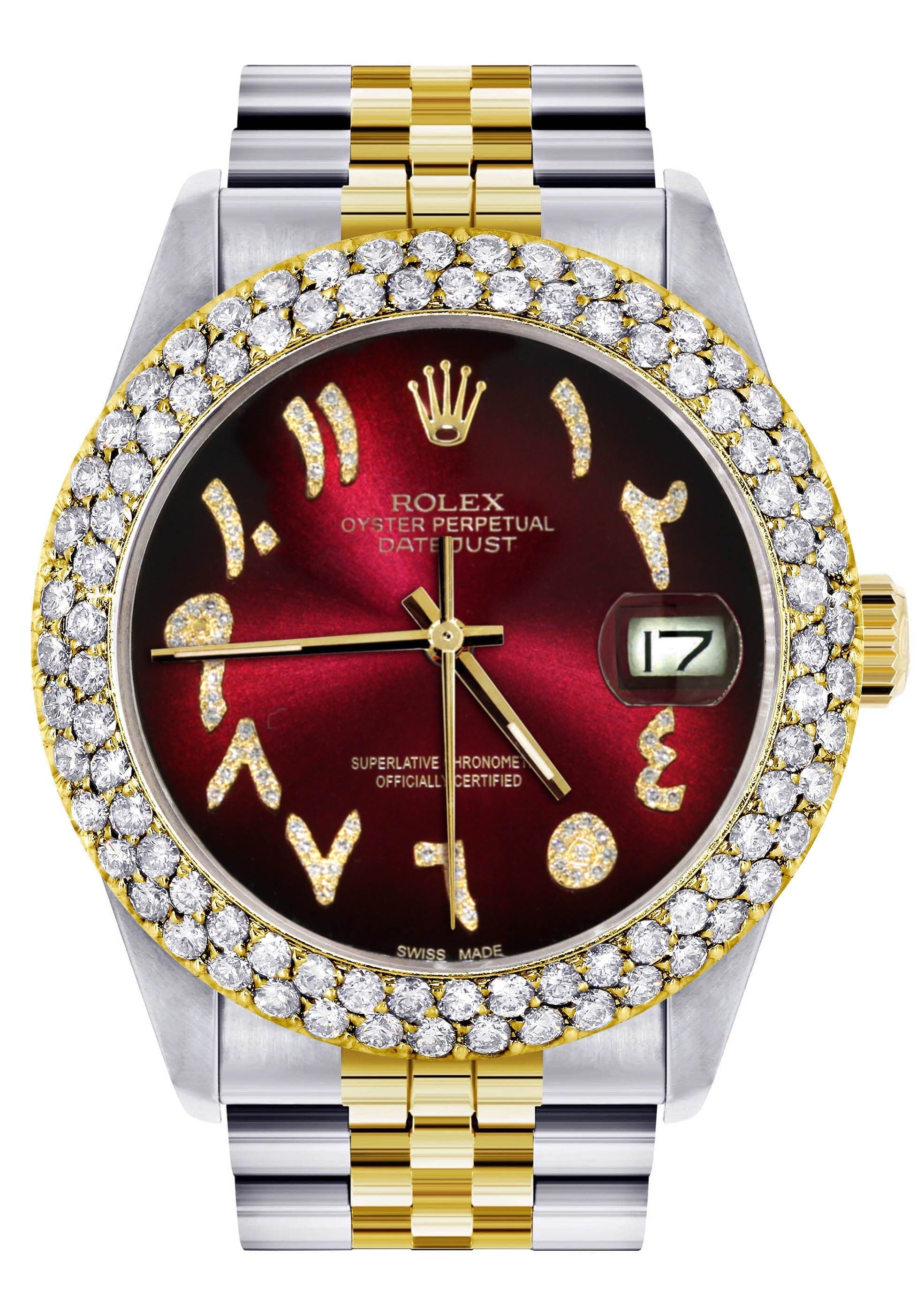 Luxury Diamond Gold Rolex Watch for Women - Model 16233 | 36mm Stainless Steel | Red & Black Arabic Diamond Dial | 4.25 Carat Two-Row Bezel | Jubilee Bracelet | Perfect for Special Occasions, Gifts & Luxury Fashion Accessories