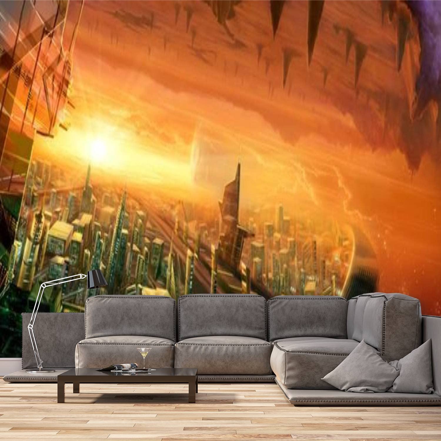 Futuristic Sci-Fi City Street View Space Wallpaper - Self-Adhesive Peel & Stick Canvas Wall Mural (66x96