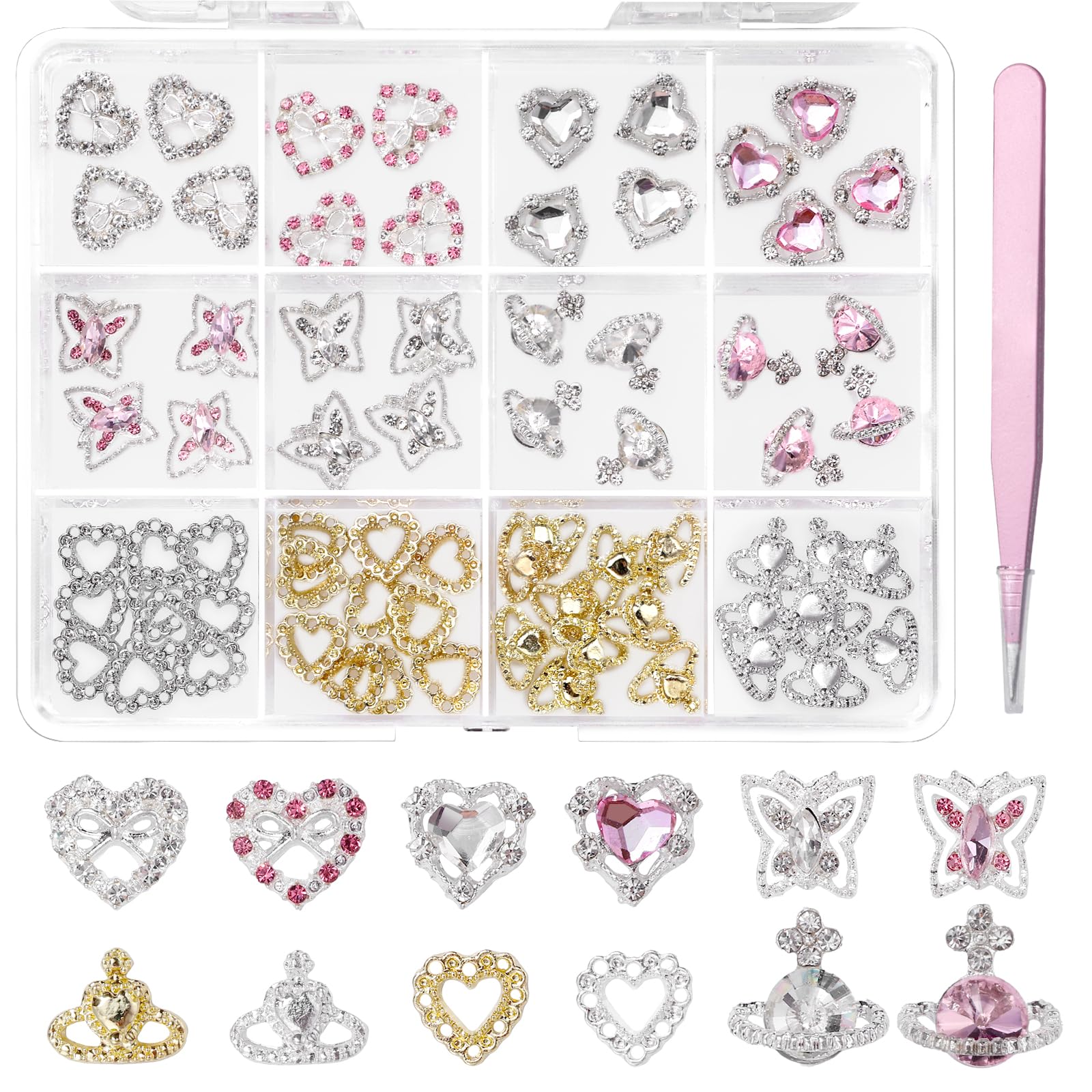 72 Pcs Heart Nail Charms - Shiny Planet Heart, Butterfly Metal Charms & Gems for Nail Art DIY - Silver Gold Heart Crown Nail Decorations - Perfect for Manicures, Nail Extensions & Creative Nail Designs