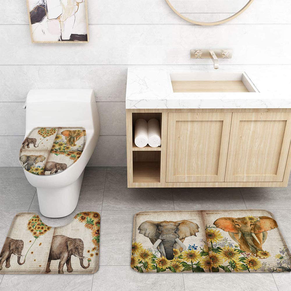 Elephant Sunflower Shower Curtain Set with Non-Slip Bath Mat, Toilet Lid Cover & 4-Piece Bathroom Rugs - Waterproof Bathroom Decor for Tub - Perfect for Kids' Bathrooms, Nursery Decor & Boho Style Homes