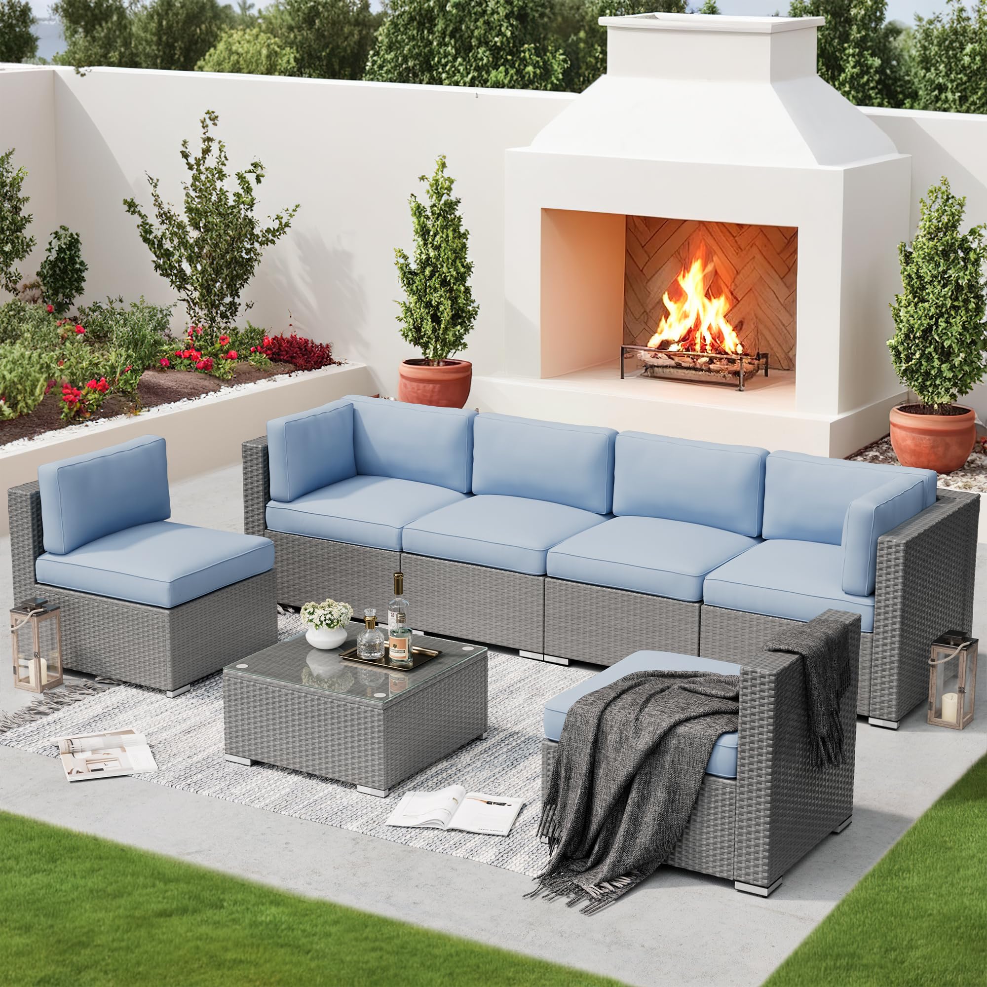 SUNCROWN 7-Piece Outdoor Patio Furniture Set - Grey Wicker Sectional Sofa with Coffee Table & Light Blue Cushions - Perfect for Backyard, Garden, Poolside & Patio Conversations