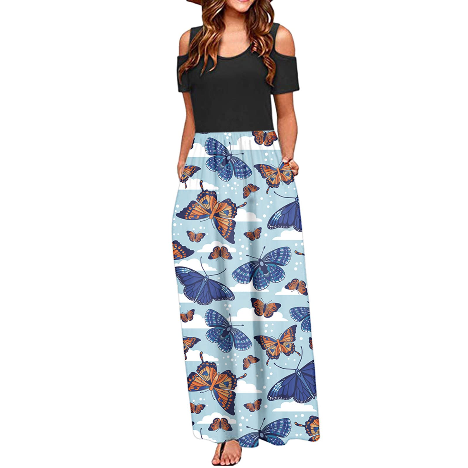 Elegant Floral Print Long Sleeve Maxi Dress for Women - Cold Shoulder Ruched Top with Pockets, Perfect for Summer Outfits, Beach Vacations, and Casual Wear