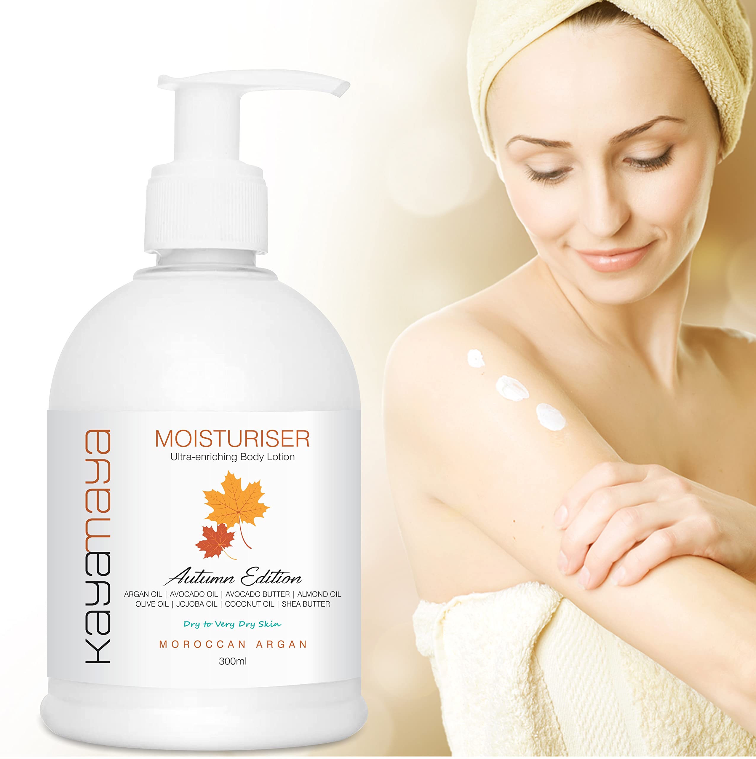 Kayamaya Autumn Edition Body Lotion with Argan Oil & Avocado Butter - 300ml Deep Hydration for Very Dry Skin | Nourishing Moisturizer for Fall & Winter Care | Perfect for Daily Use & Nighttime Skincare Routine