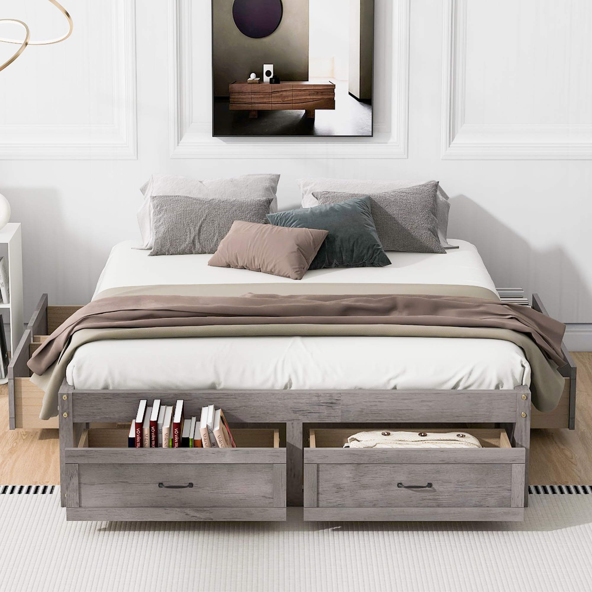 **Solid Wood Queen Platform Bed Frame with 6 Storage Drawers - No Headboard, Espresso (Antique Grey) - Perfect for Kids, Teens & Adults - Ideal for Small Bedrooms & Space-Saving Storage Solutions**