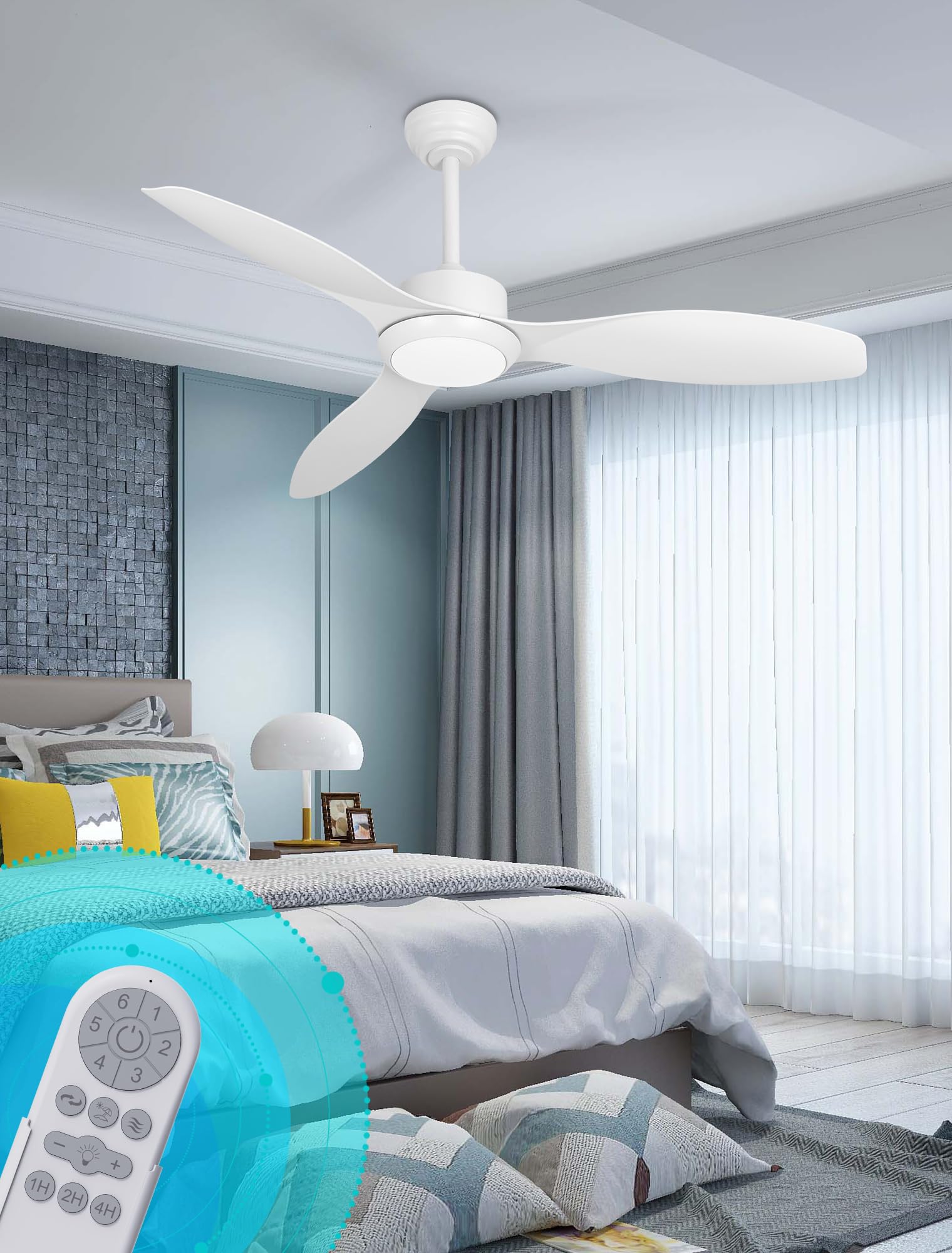 48 Inch White Ceiling Fan with Light and Remote Control - 3 Color Changing LED Lights, 6 Speed DC Motor, Quiet Reversible Blades for Bedroom, Living Room, Outdoor Patio and Covered Porch Use