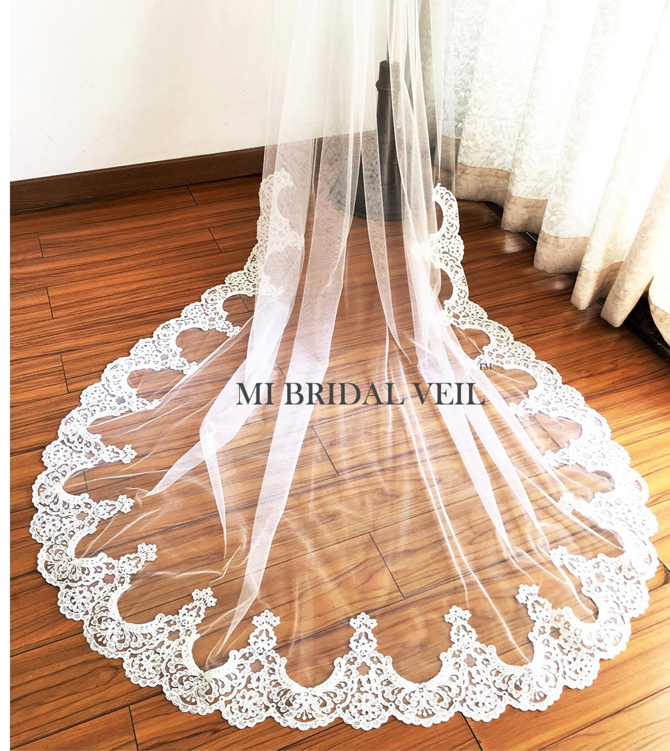 Elegant Cathedral Lace Wedding Veil - Edwardian Inspired Bridal Veil with Delicate Bottom Lace | Perfect for Vintage Weddings, Formal Ceremonies & Bridal Photography