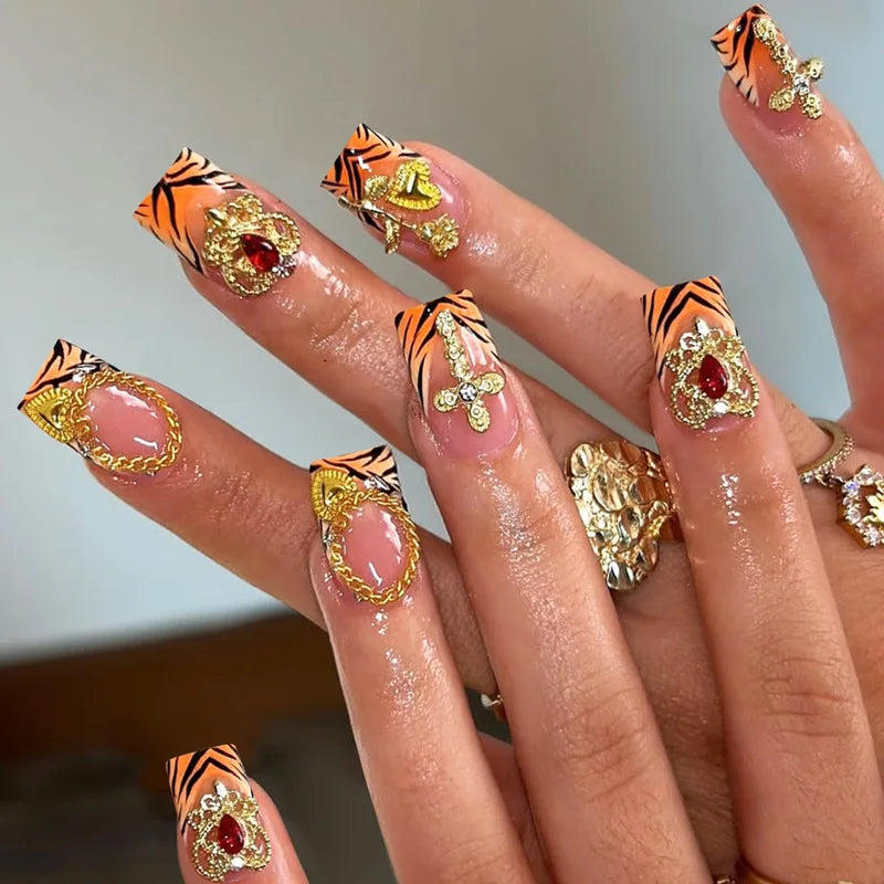 24Pcs Short Square Fake Press on Nails - Zebra Stripes & French Tip Design, Acrylic Nail Art for Manicure | Perfect for Parties, Weddings & Everyday Wear